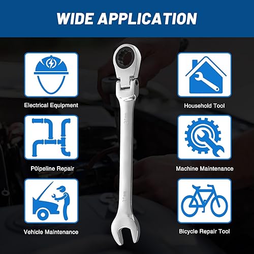 Miniatura 6 de Tongze Llave de trinquete de cabeza flexible de 0.827 in Llave combinada de trinquete métrica con cabezal flexible de 12 puntos y extremo abierto