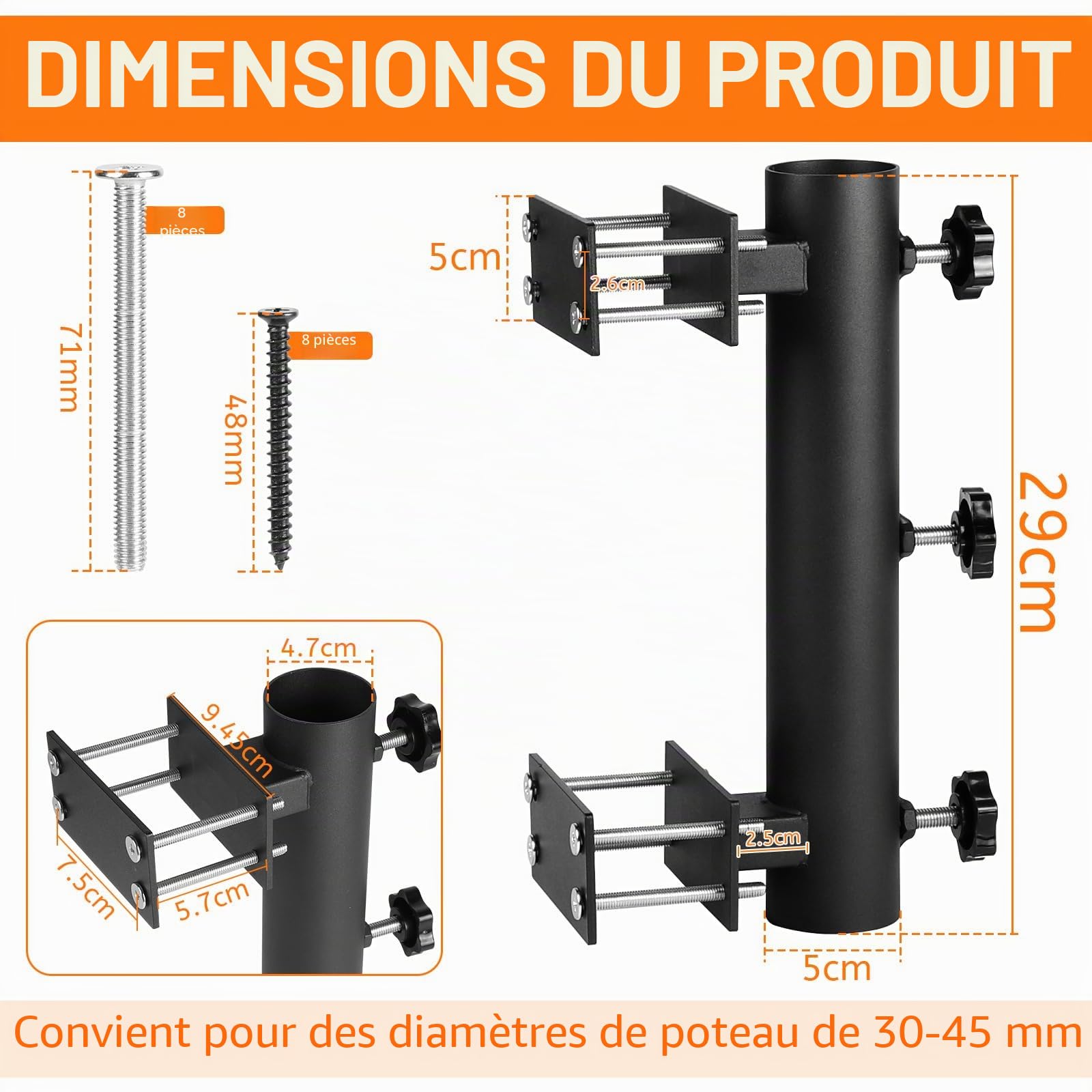 lalago Support de Parasol Robuste, Pied de Parasol Fixe pour Terrasse, Fixation pour Balustrade de Terrasse, Pince Réglable pour Balustrade, Plage, Cour, Balcon, Bateau, Hayon | Support de parasol réglable et résistant pour terrasse, auvent, terrasse, cou