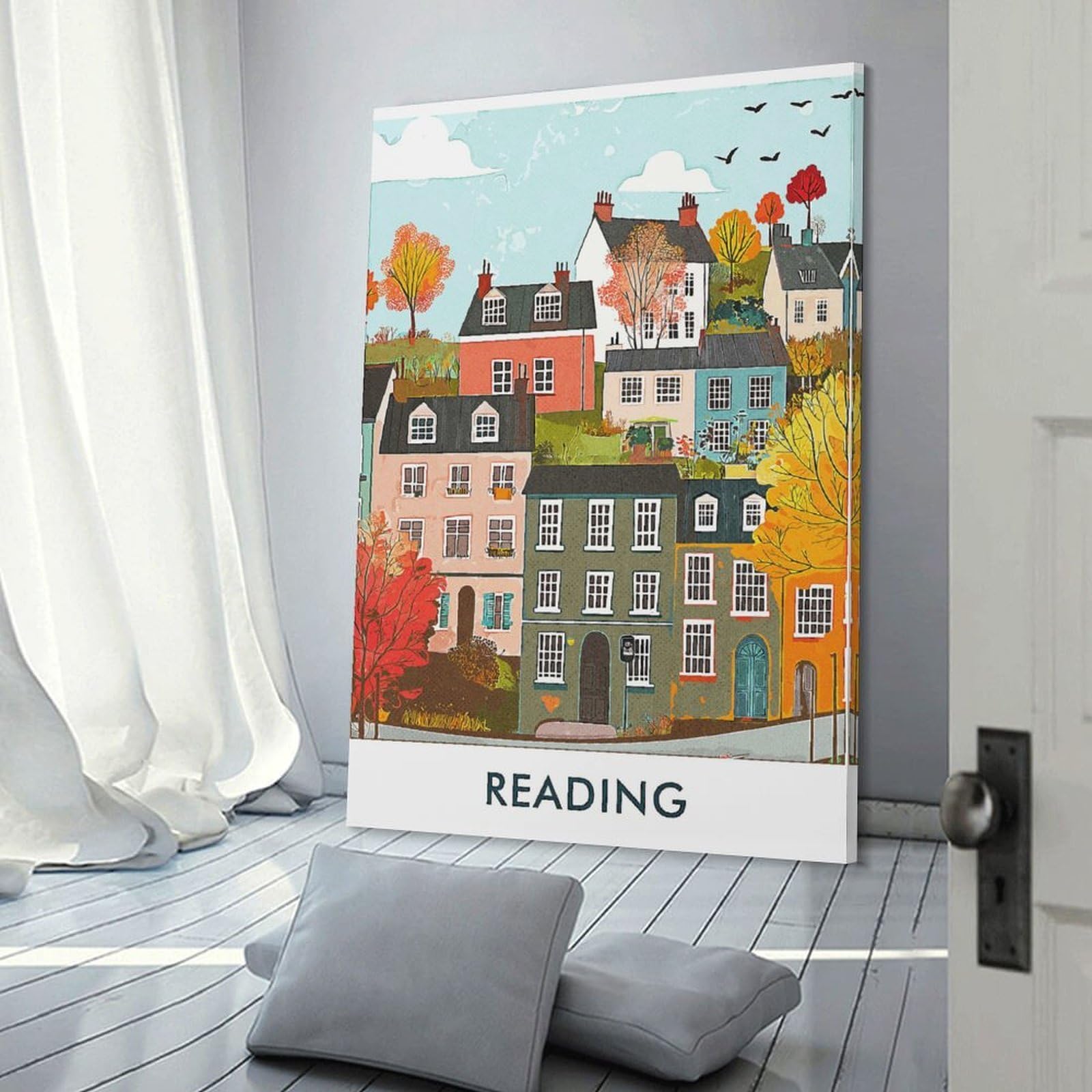 Junmoney Decorative Wall Artwork Reading Town Illustration, 20x30inch(50x75cm), for Living Room, Bedroom Or Apartment Walls, Decorative Artwork for Empty Walls
