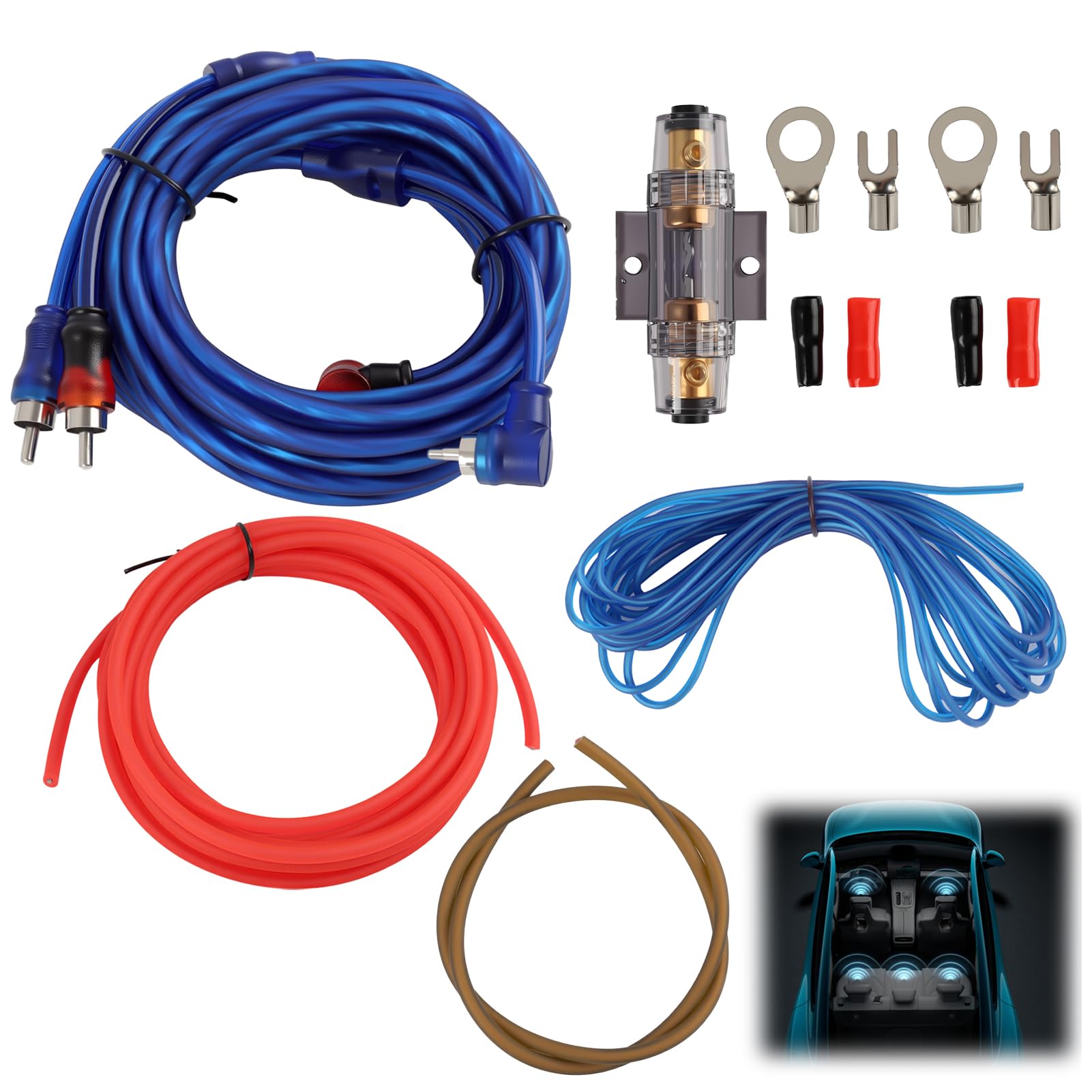 Kit Completo de Cables para Amplificadores de Coche 10GA, Incluye Portafusibles y Cableado de Audio de Alta para Subwoofer, Instalación Segura y Eficiente con Núcleo de Aluminio y Cobre
