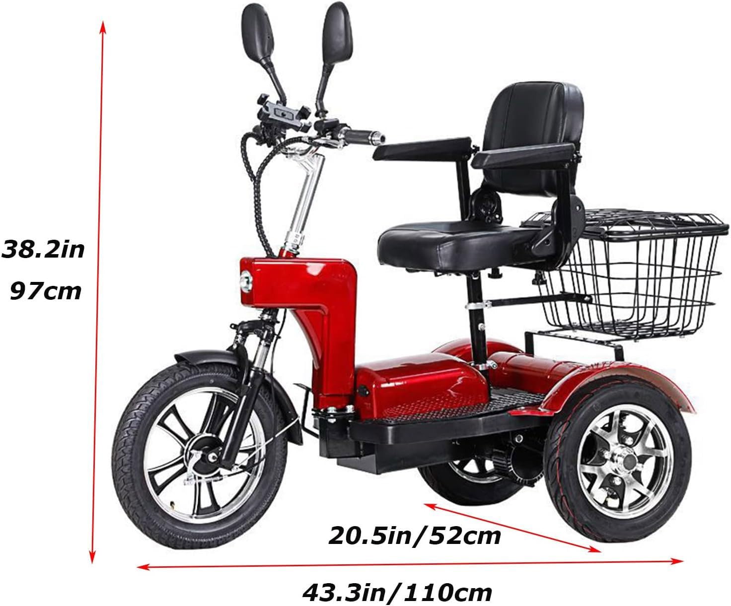 Scooter Eléctrico de Lujo de 3 Ruedas - para Mayores y Adultos Viene con Asiento Reposabrazos Ajustable en Ángulo, Silla de Ruedas Eléctrica Móvil con Soporte para Teléfono Móvil，