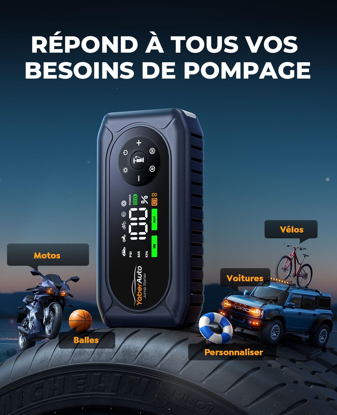 9 en 1 Booster Batterie Voiture 6000A, 12V Démarreur Voiture avec Compresseur 150PSI, Booster Batterie avec Lampe LED 500 Lumens à 4 Modes et Ecran LCD 3,3''(Tout Gaz ou 10L Diesel)