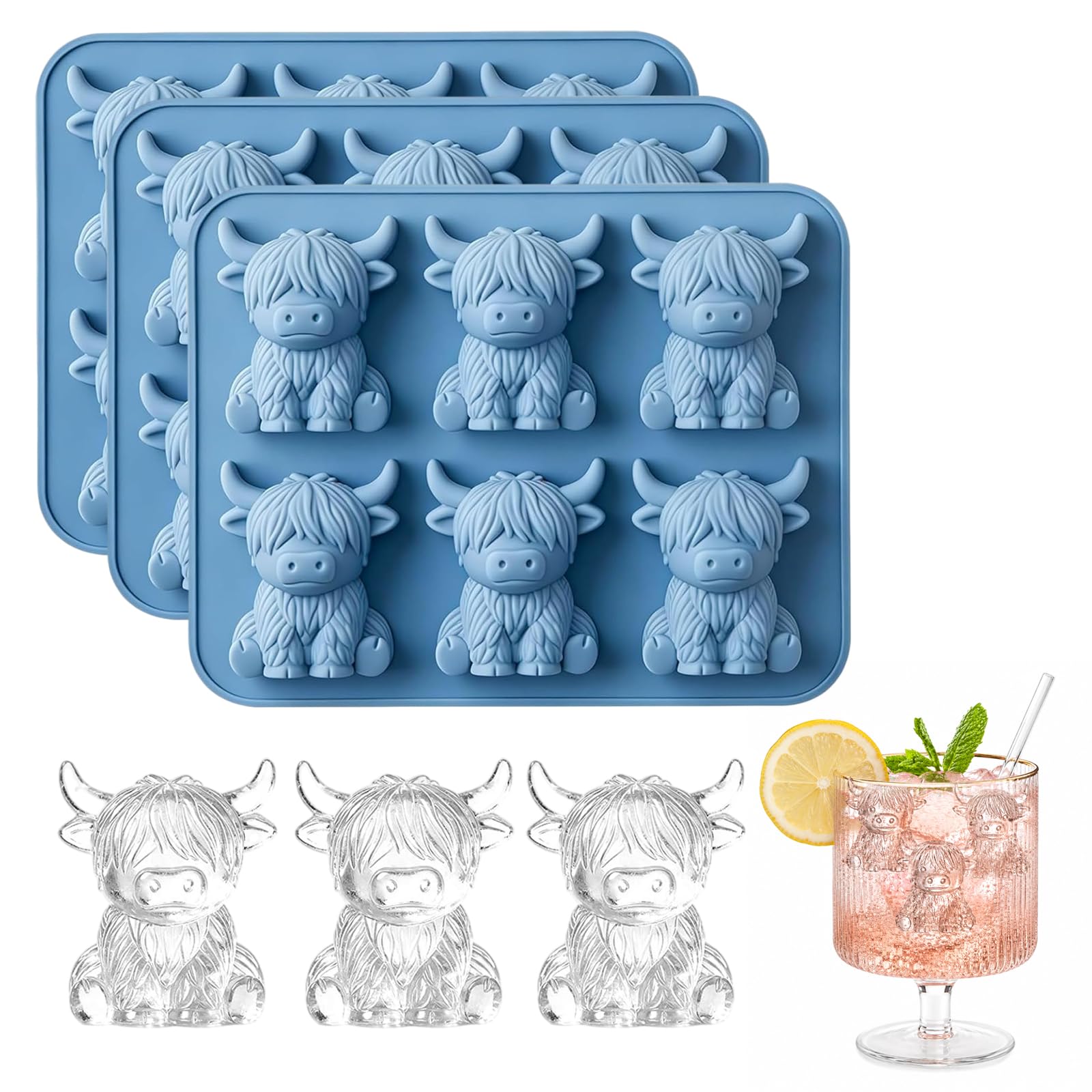 3PCS Highland Cow Ice Cube Tray, Cute 3D Silicone Ice Cube Mold, Highland Cow Gifts Unique Gift for Dad, Husband, Boyfriend, Friend,Highland Cattle Kitchen Accessories,Father’s Day Gift