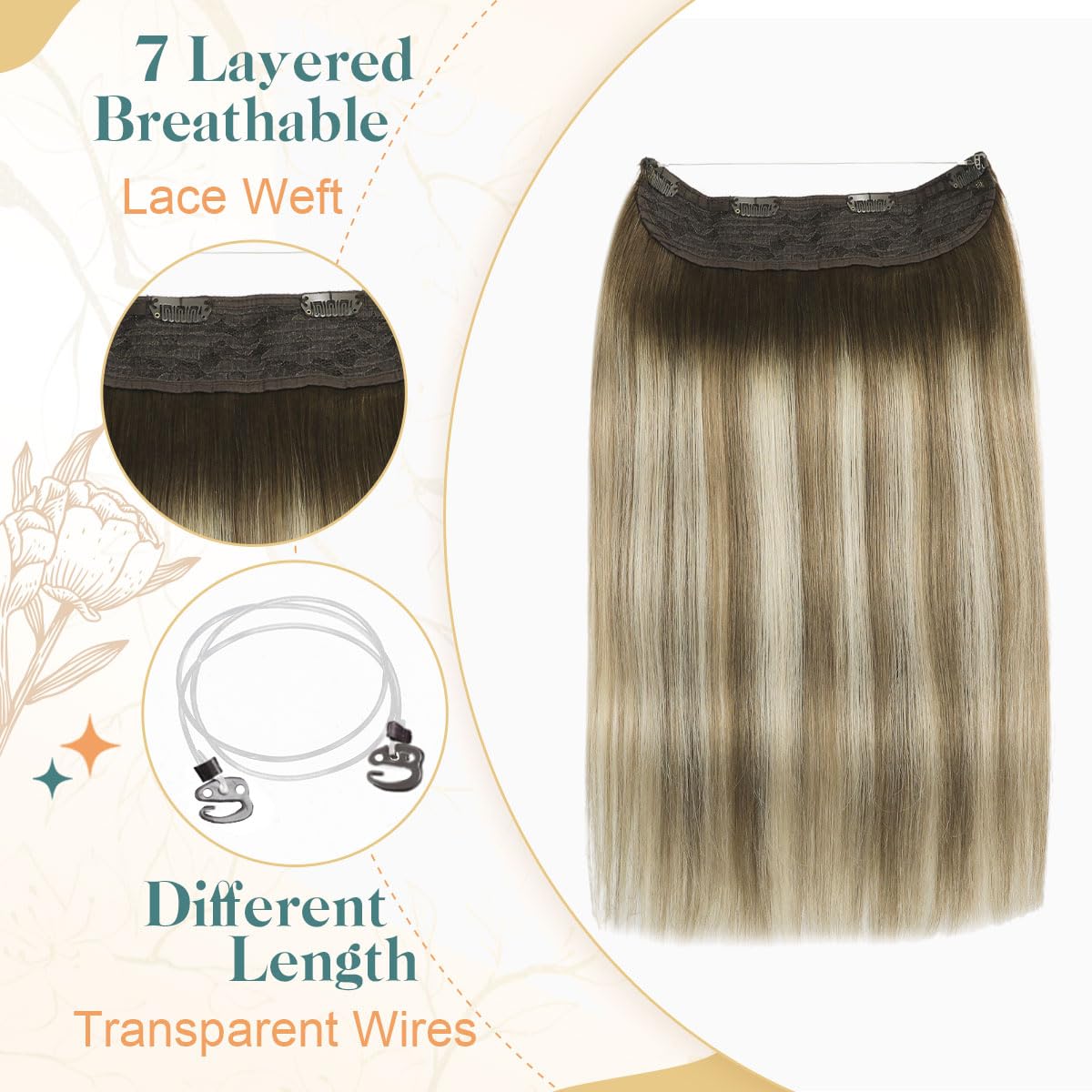 Sindra Wire Human Hair 70g Balayage Ombre Walnut Brown to Ash Brown and Blonde One Pieces Hair Extensions Wire Hair Extensions Human Hair (#3/8/22-14inch) - Image 3