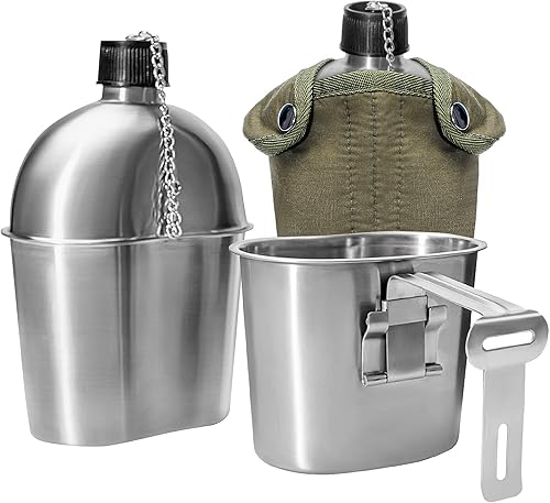 Afranti Cantina militar de acero inoxidable 1QT botella de agua portátil del ejército con taza de 0.5 cuartos de galón y mangas para senderismo,