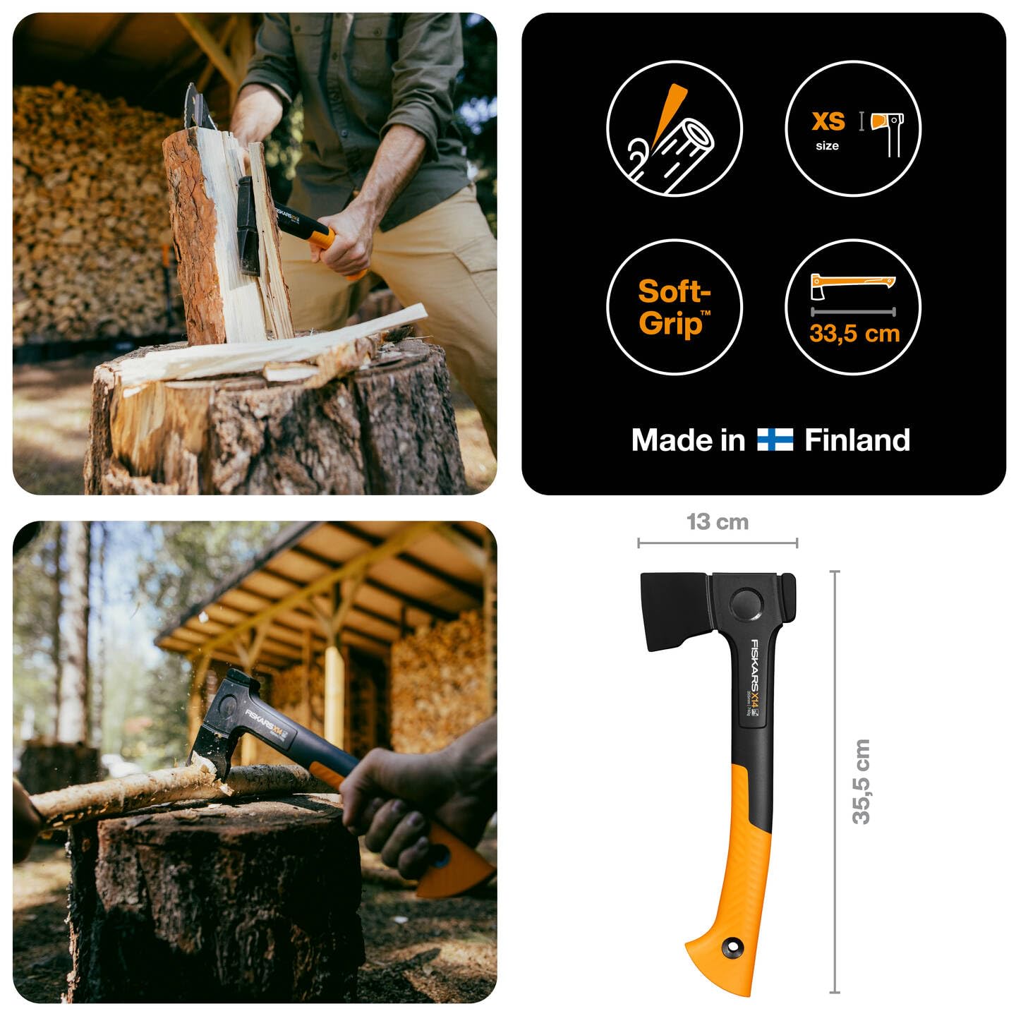 Fiskars X-Series X14 Universal-Axt, XS, Länge 35,5 cm, Kopfgewicht 529 g, Ideal zum Entasten, Feuerholzmachen und für Zimmermannsarbeiten, Doppelt gehärteter Stahl/FiberComp, Schwarz/Orange, 1069102