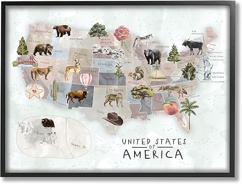 Miniatura 1 de Stupell Industries Ilustraciones de animales salvajes con mapa de Estados Unidos, diseño de Ziwei Li, arte de pared enmarcado negro, 11 x 14, blanco