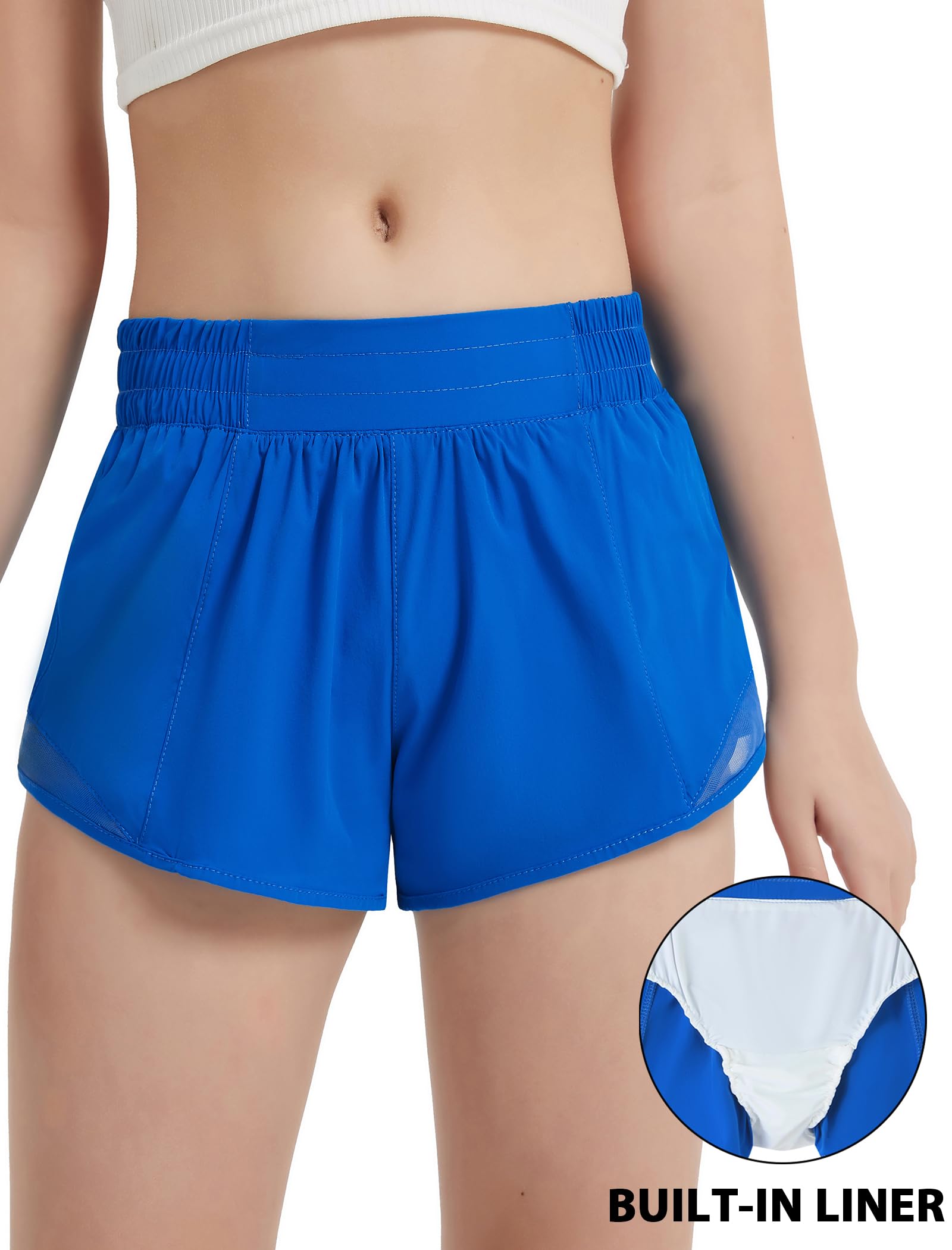 EXARUS Girls Athletic Shorts Running Track Workout with Liner Zipper Pocket Lightweight Elastic Waist Gym Sports 2.5