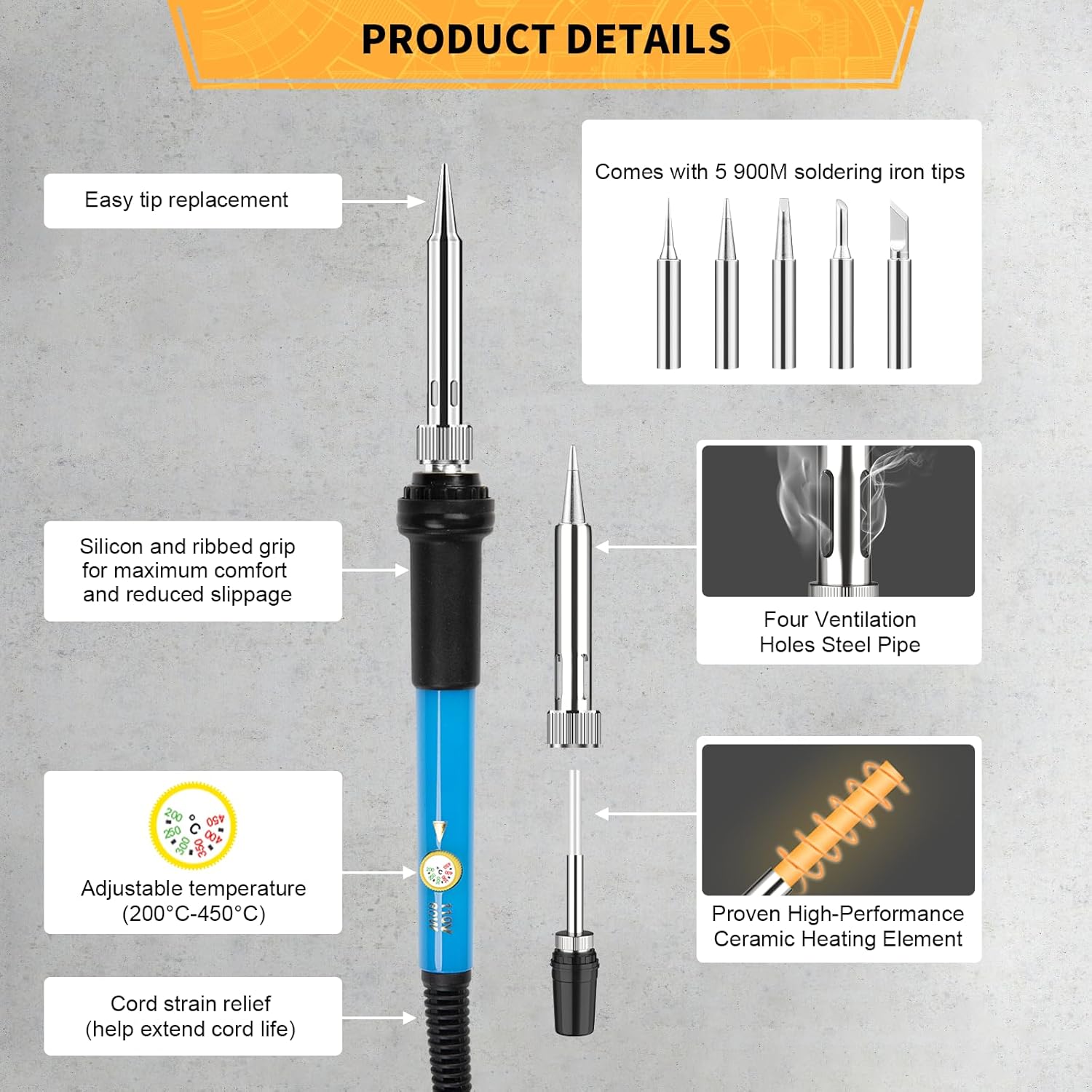 Soldering Iron Kit Electronics, 60W Adjustable Temperature Welding Tool, 5pcs Soldering Tips, Desoldering Pump, Soldering Iron Stand, Tweezers
