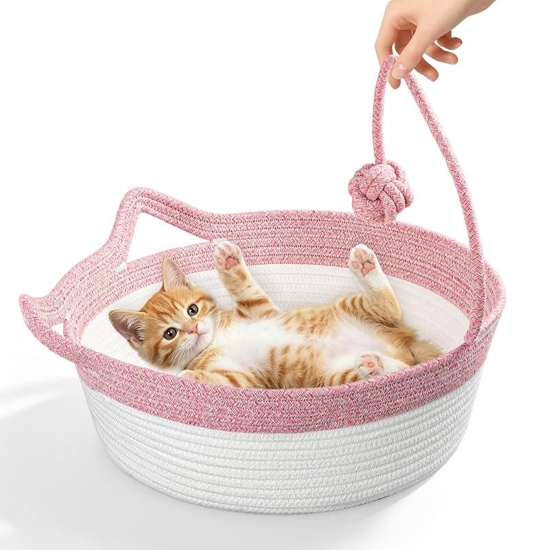 Cama para Gatos WEAVELYRICS em Cesto de Cordão de Algodão Rosa e Branco Tamanho Médio