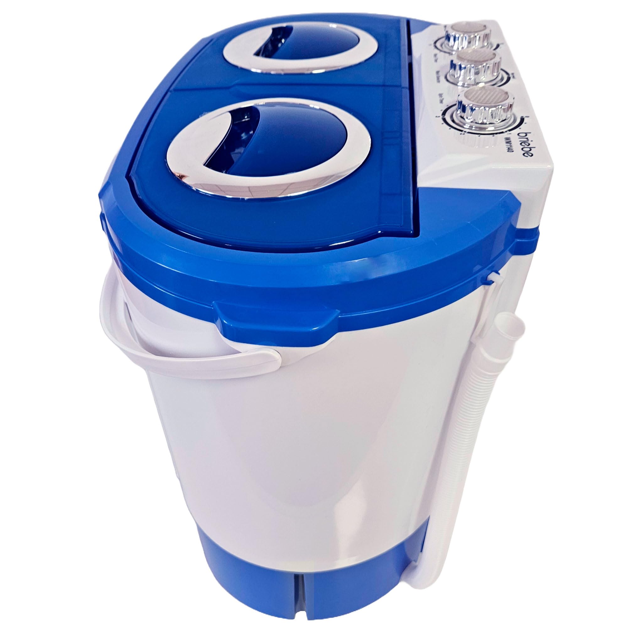 briebe Camp - Mini Lavatrice Portatile con Centrifuga, Campeggio, Capacità 3 kg, Ideale per Viaggi, Roulotte, Camper, 2 Scomparti, Caricamento dall'alto, Nessuna installazione, Blu/Bianco