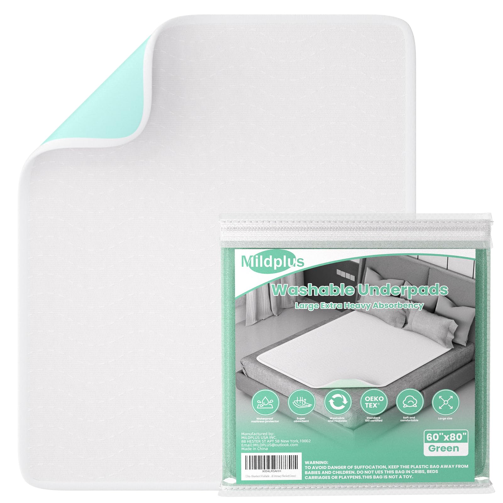 Ultra-Absorbent Extra Large Washable Waterproof Bed Pads 60"X80" Green