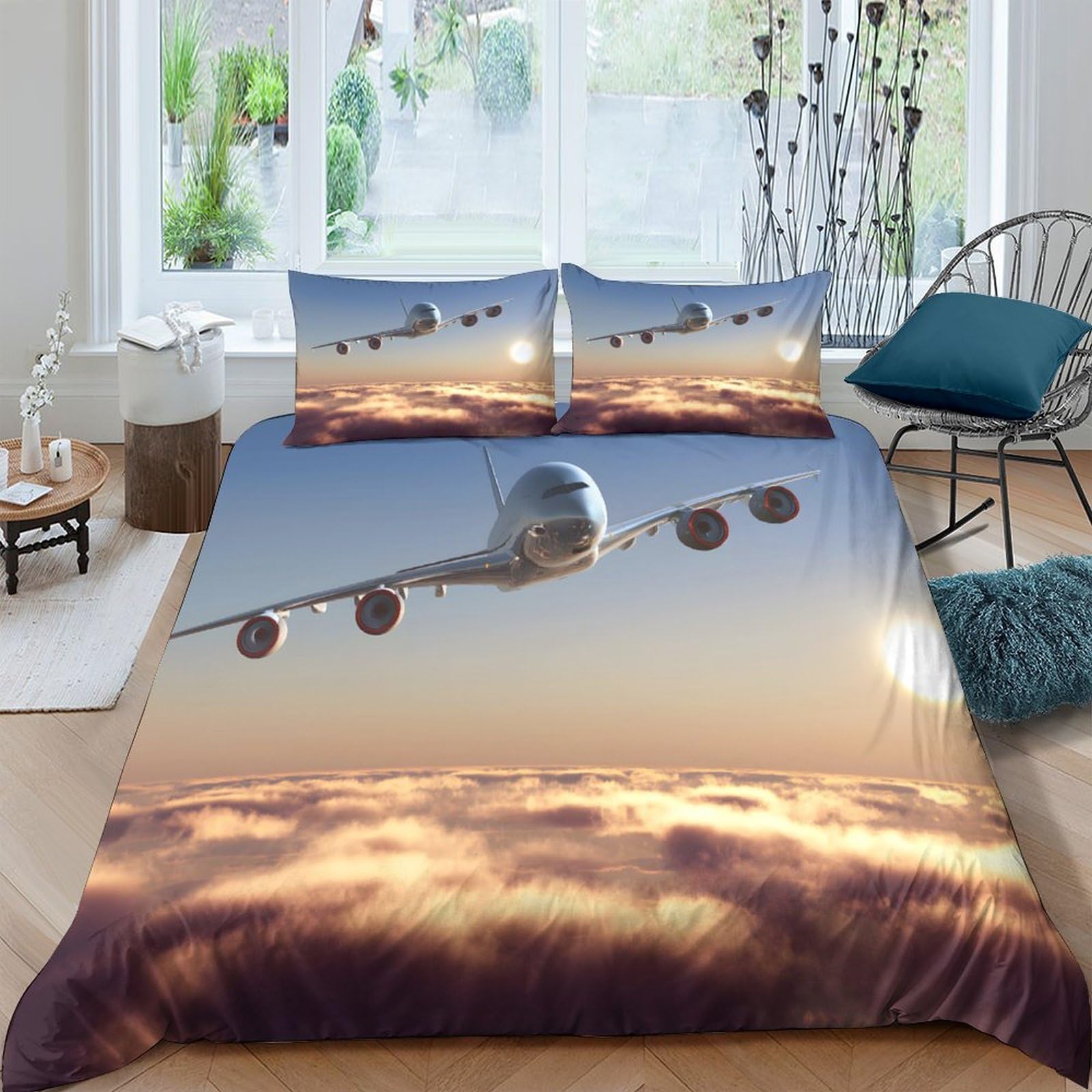 Ctjqhvkz Style-6 3D Printed Sunset Airplane Fitted Sheet Microfiber Soft Breathable Cloud View Bed Cover For Bedroom Guest Room Decor Single（135X200cm）