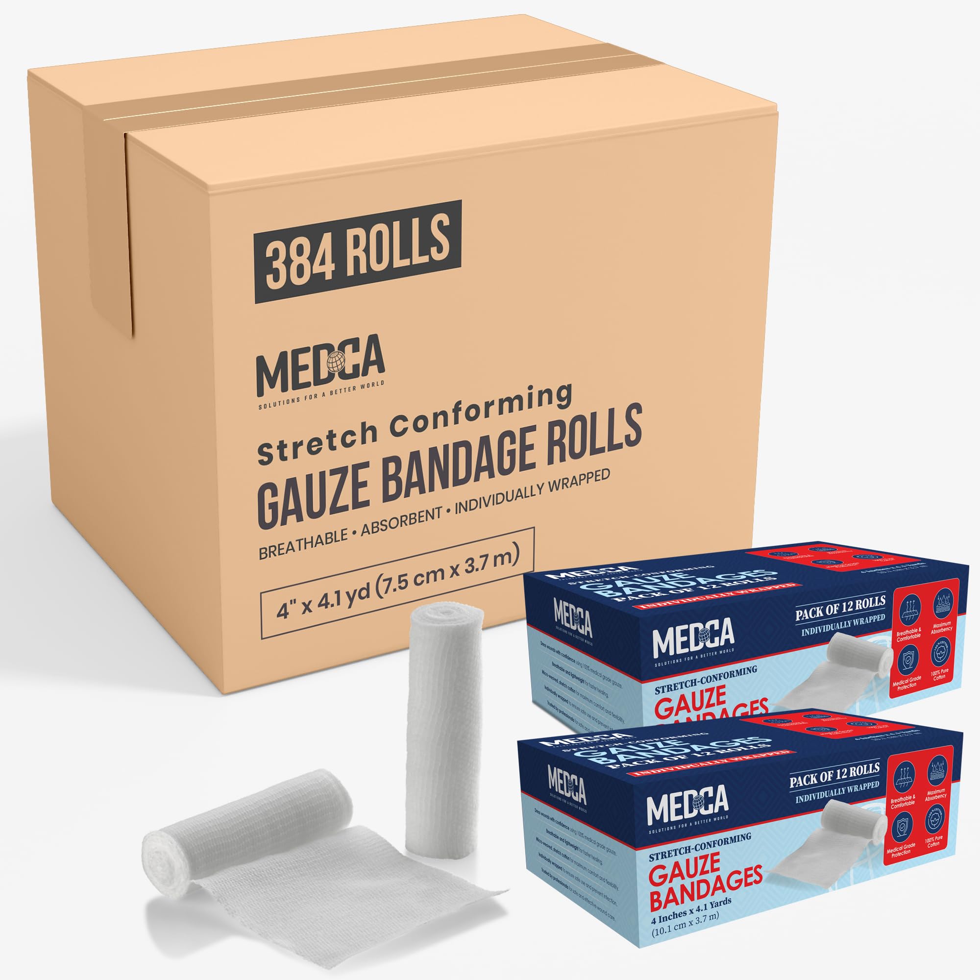 Gauze Bandage Rolls - (384 Pack) 4 in x 4.1 Yards Per Roll of Medical Grade Gauze Bandage and Stretch Wrapping for Dressing All Types of Wounds and First Aid Kit by MEDca, (4-Inch, 384 Pcs)