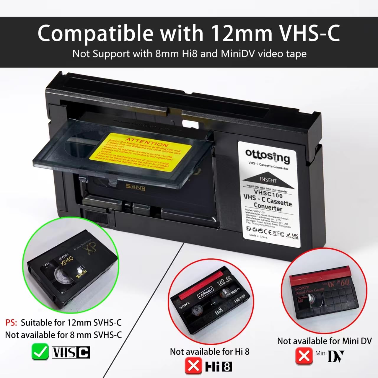 VHS-C Bandkassettenadapter für Camcorder Motorized VHS VHS-C auf VHS - Ideal für Videorecorder, Videokassettenspieler und VHS auf Digital Converting