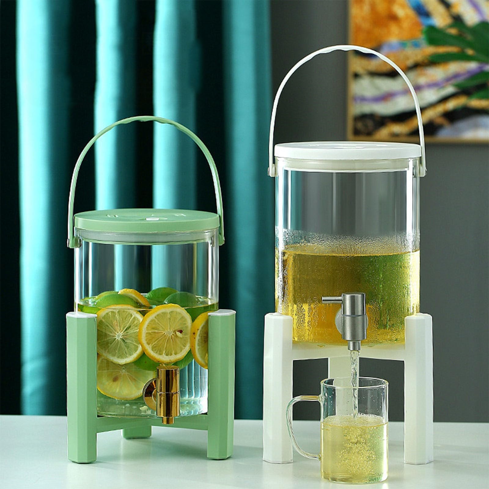 Getränkespender,Glaskaraffe Mit Zapfhahn Aus Edelstahl Und Kunststoffsockel - Getränkekaraffe Glaskrug Für Kalt & Heiß Wasser Eistee Kaffee Milch Saft,Grün,Faucet+Base