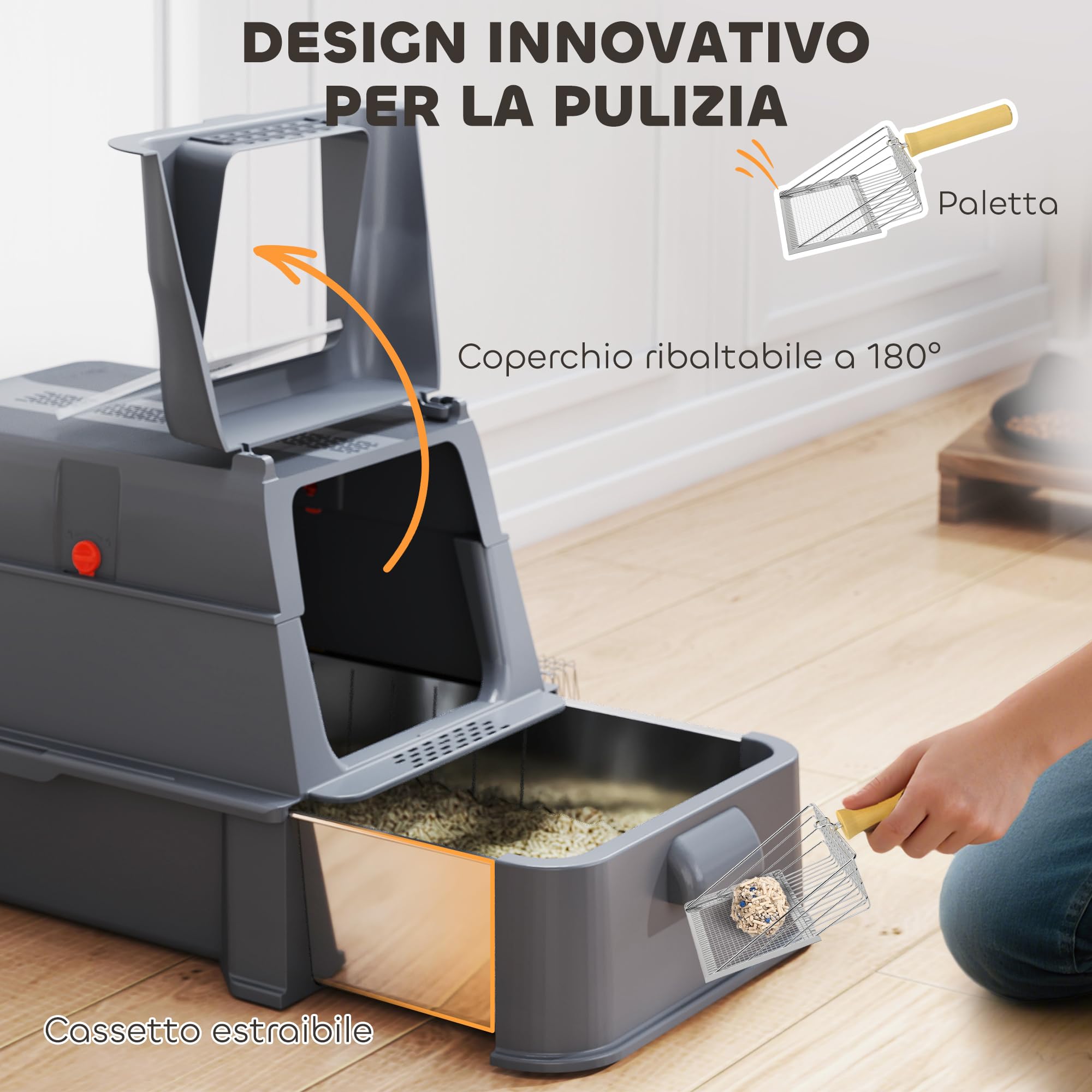 PawHut Lettiera per Gatti Chiusa XXL in Acciaio Inox, 3 in 1 Toilette per Gatti 80L con Coperchio Ribaltabile 180°, Pedale e Paletta, Antiaderente, Antiodore, Facile da Pulire, Grigio Scuro