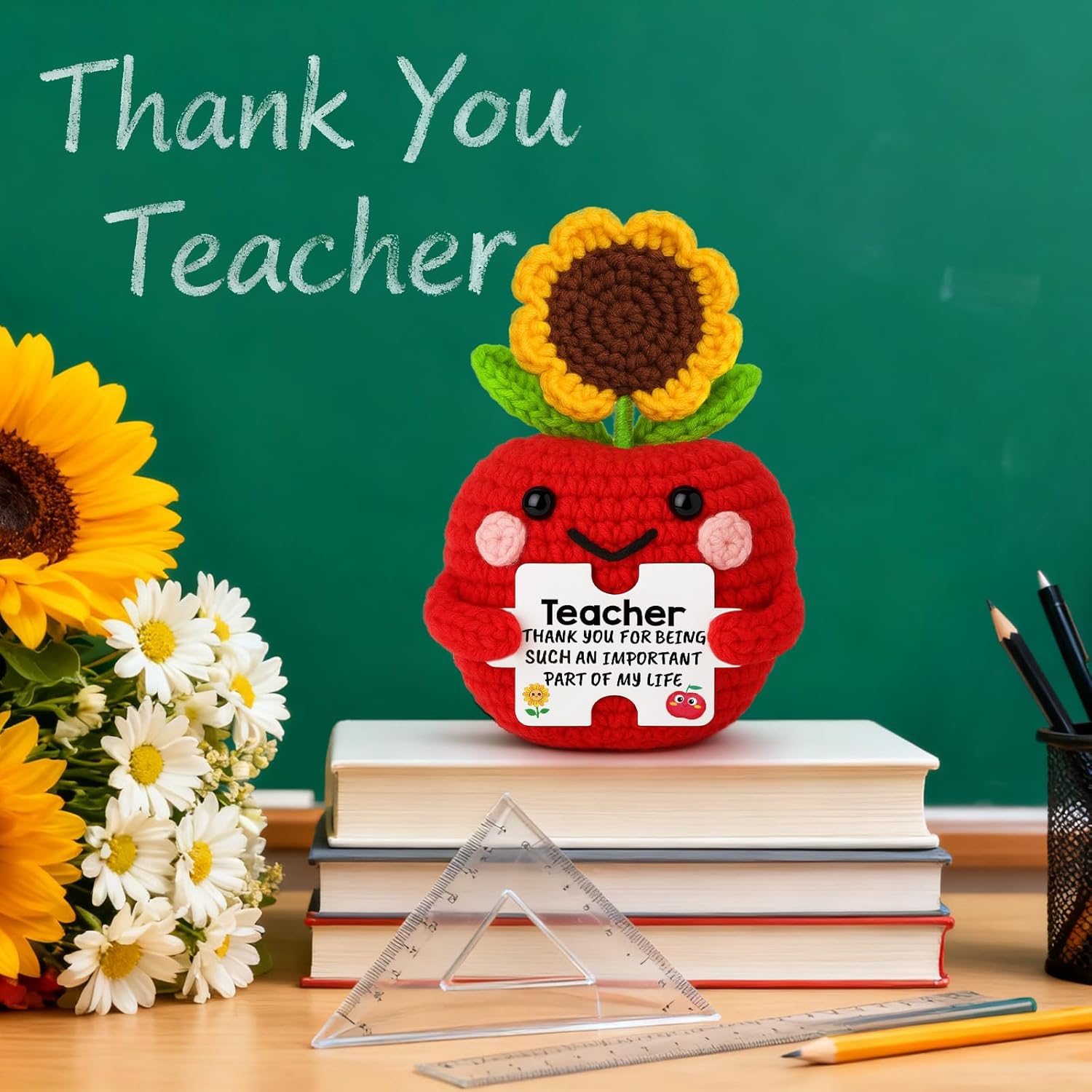 XgiftCreat Appreciation Valentines for Teacher Gifts - Funny Crochet Apple Sunflower Gifts Valentine's Day for Teachers Women, Thank You Teachers End of Year Last Day Gift Christmas Stocking Stuffers - Image 8