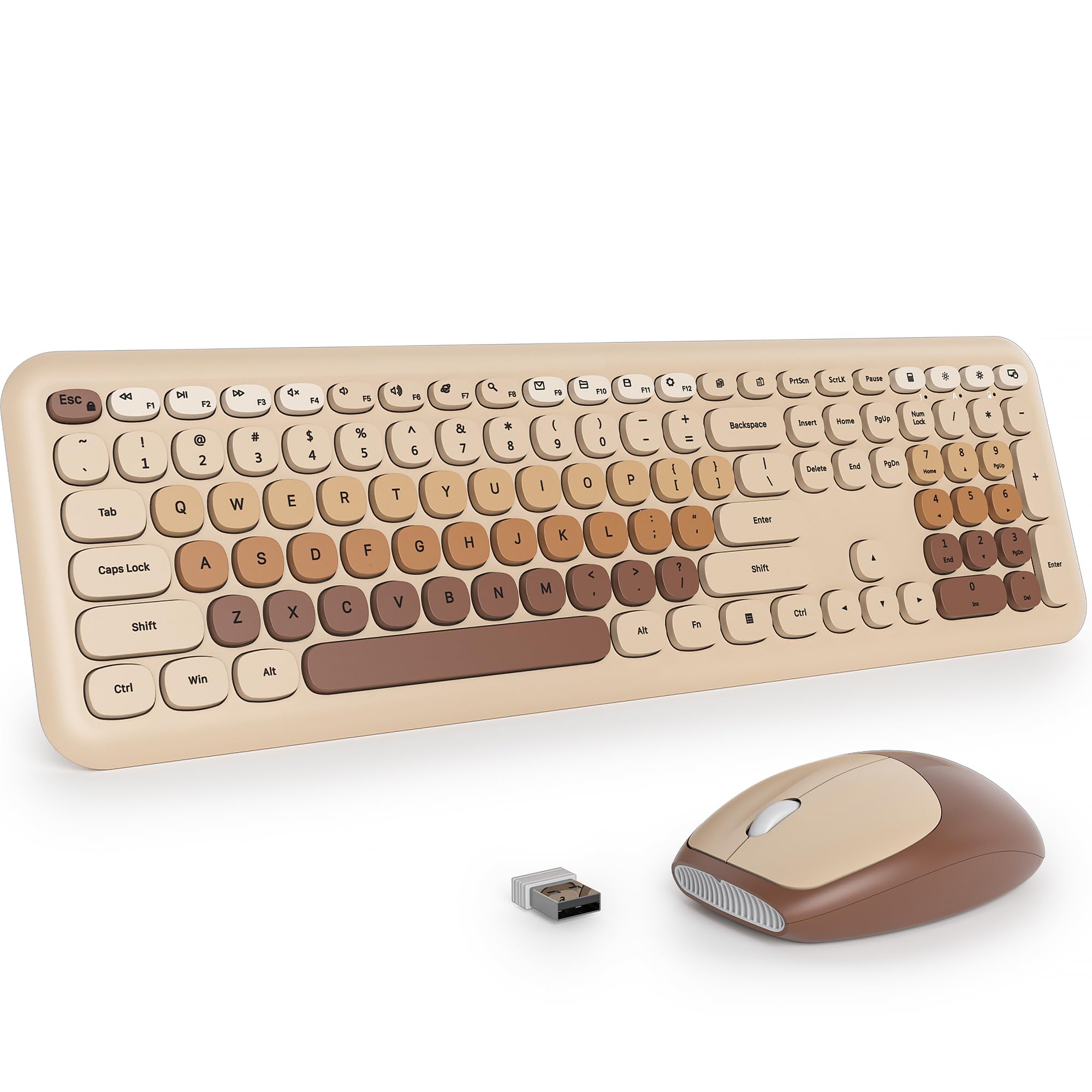 Fogruaden Quiet Brown Wireless Keyboard and Mouse, 2.4GHz Retro Cute Typewriter-Style Full-Size Colorful Keyboard and Mouse Combo, Slim Design,