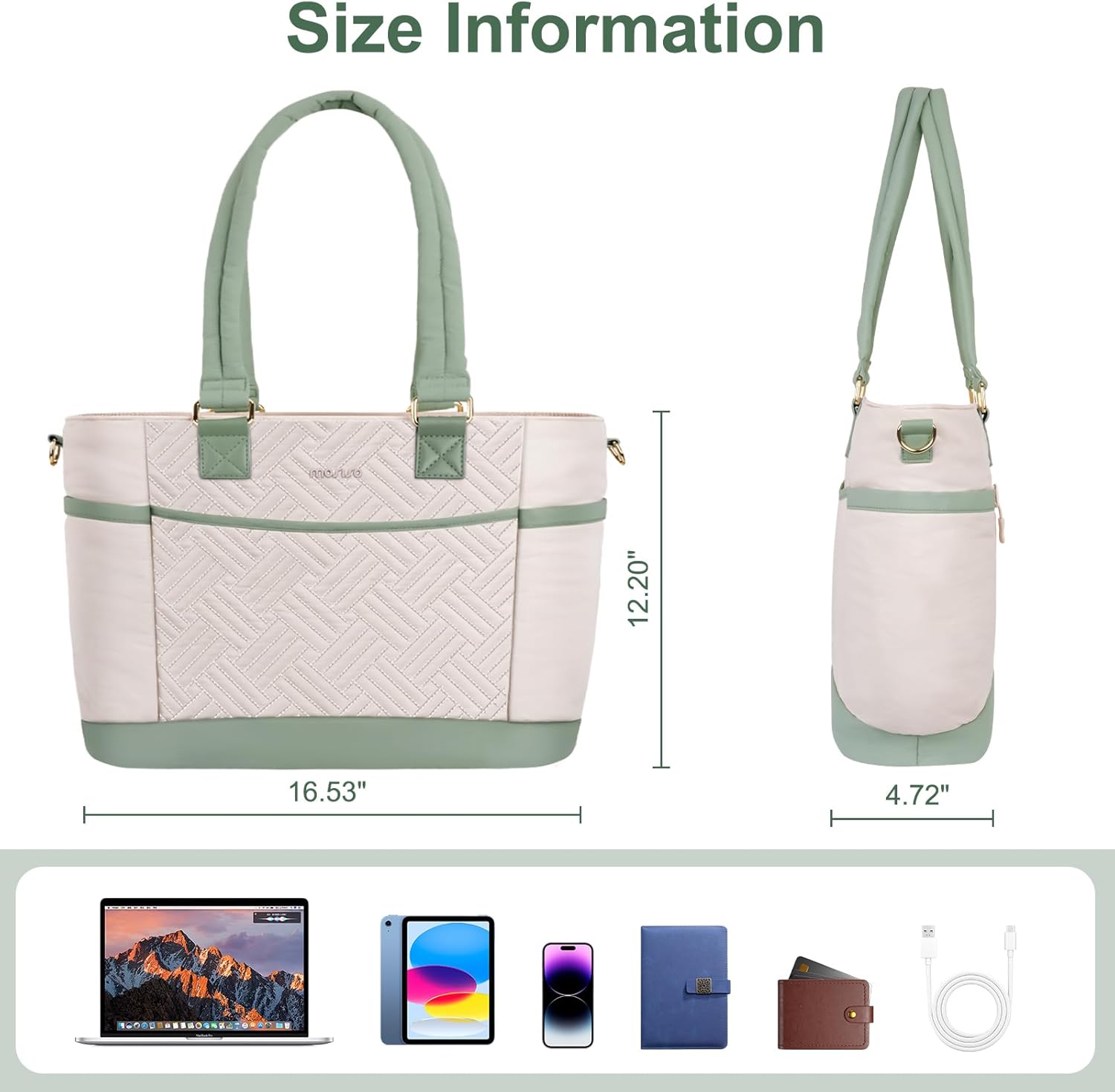 MOSISO Laptop Tote Bag for Women, Puffy Lightweight Work Tote Bag with Laptop Compartment&Trolley Belt, 15.6 inch Large Capacity Handbag Shoulder Bags for College Teacher Work Office Nurse,Beige&Green - Image 3