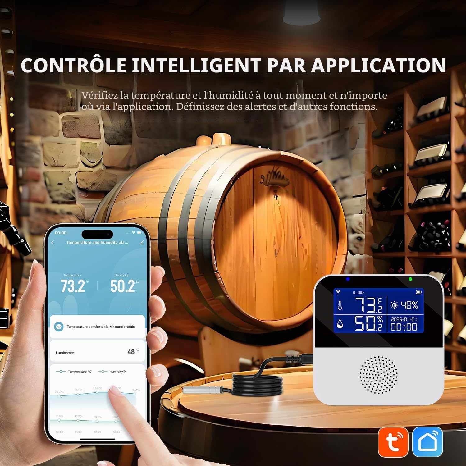 Tuya Capteur de température WiFi avec sonde externe étanche, moniteur intelligent de température et d'humidité avec écran LCD rétroéclairé, alarme buzzer et alerte de notification d'application