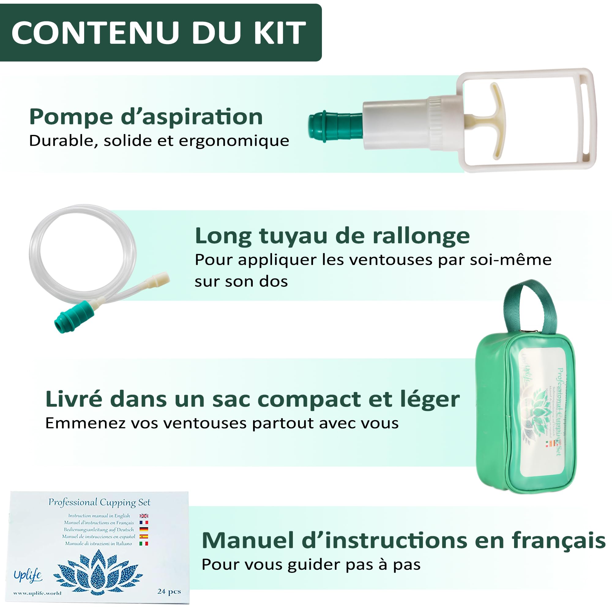 Uplife Kit de 12 Grandes Ventouses Chinoises Anti Cellulite à bord plat et incurvé + Corde Extension. Set d'Aspiration Cupping Hijama. Soulager Douleur Fatigue. Manuel d'instructions en Français