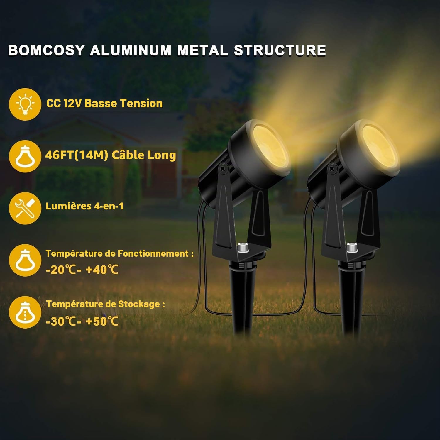 Bomcosy Projecteurs de jardin alimentés secteur, 14 mètres de lumières de paysage, 3000K 14V Lumière sur piquet IP65 étanche pour jardin extérieur, éclairage de chemin pour décoration de pelouse, cour