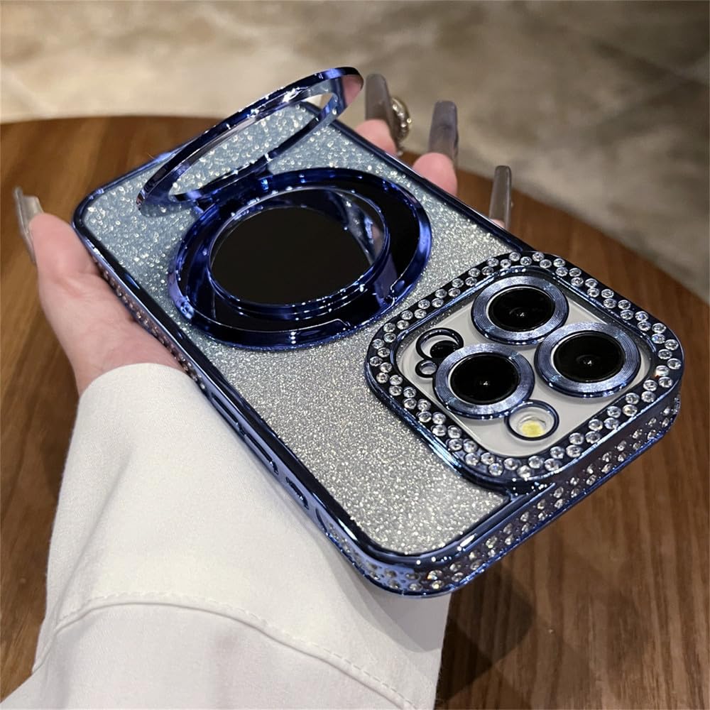 Plating Glitter Mirror Magnetic Bracket Holder Case for iPhone 16 15 14 13 12 11 Pro Max Wireless Charge Cover,Blue,for iPhone 15 ProMax