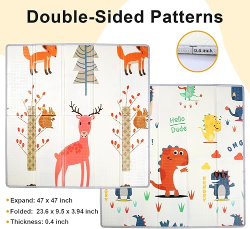 Miniatura 2 de Alfombra de juego plegable para bebé, 47 x 47 pulgadas, tapete de juego para bebé, 0.4 pulgadas de grosor, impermeable, antideslizante, reversible,