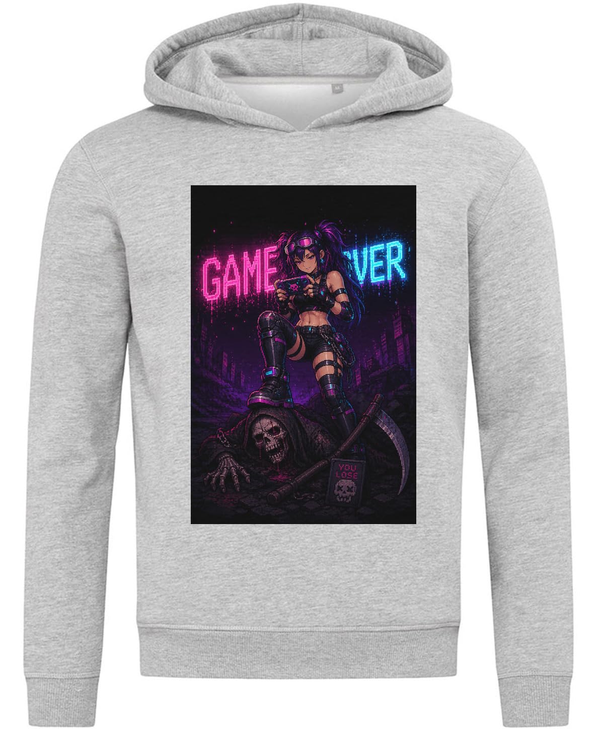 Gamer Dominates Over Grim Reaper Felpa con cappuccio in misto cotone grigio