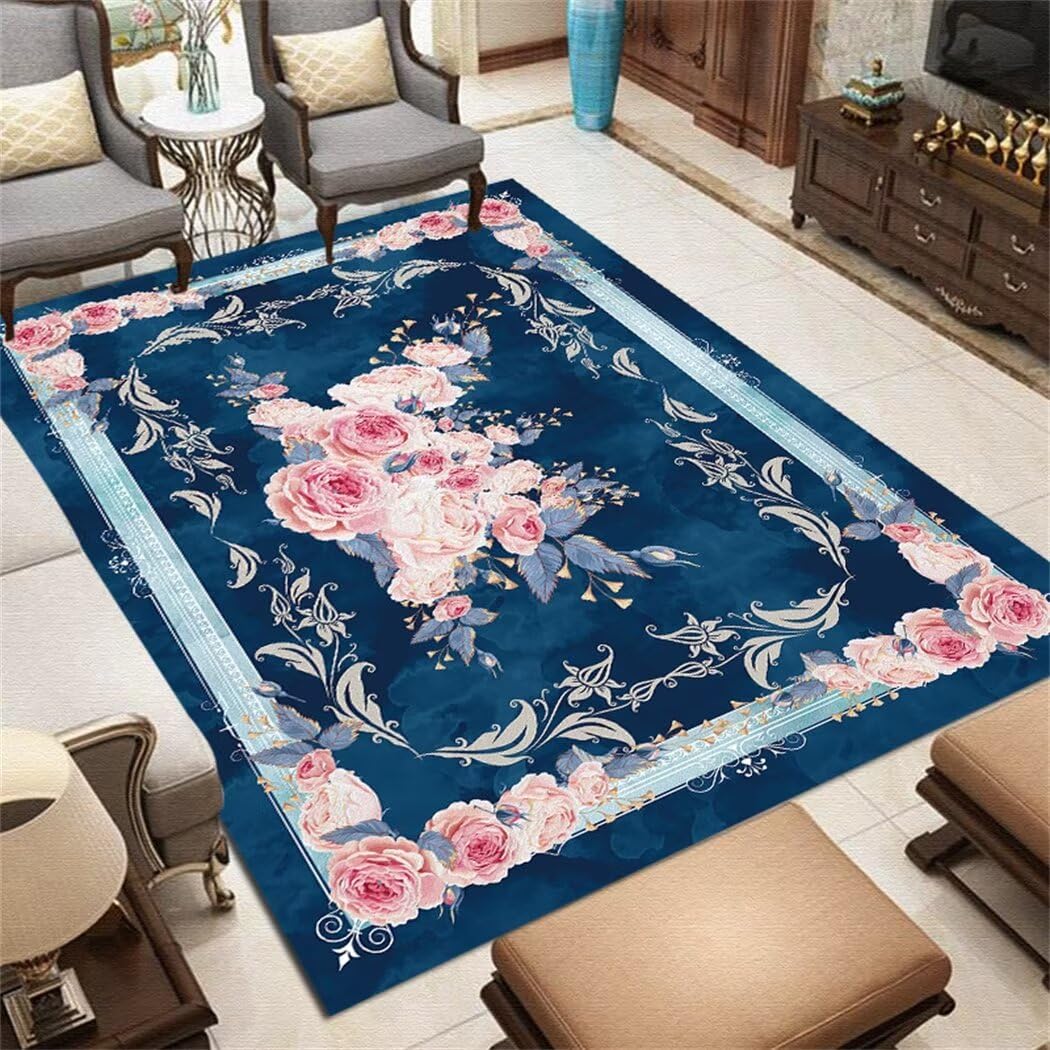 Tapis de chambre de fille à motif floral bleu doux et lavable