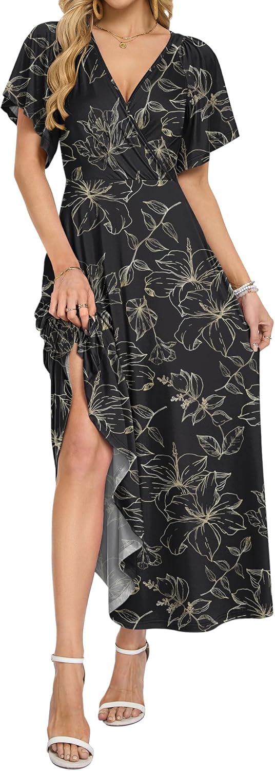 AUSELILY Maxi Dresses Women 2026 Summer Wrap Long Flowy Dress Ruffle Sleeve Deep V Neck Formal Dress with Pockets - Image 2