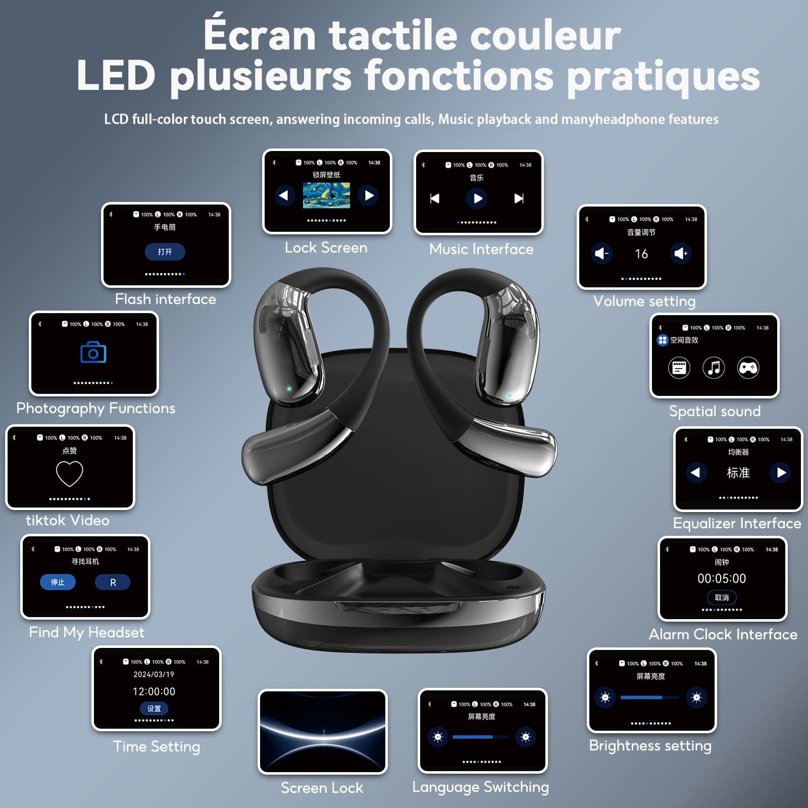AI Écouteur Traducteur Instantané, Écouteur traducteur Vocal Temps Réel Bluetooth avec écran de Couleur LCD Touch, sans Fil Réduction du Bruit Oreillette, 144 Langues