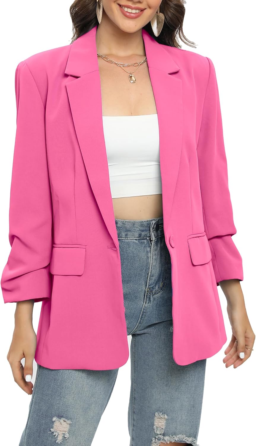 TRNY Womens Blazer Ruched Sleeve Notched Lapel Suit Blazers Jackets with Pockets for Women Business Casual and Work Office