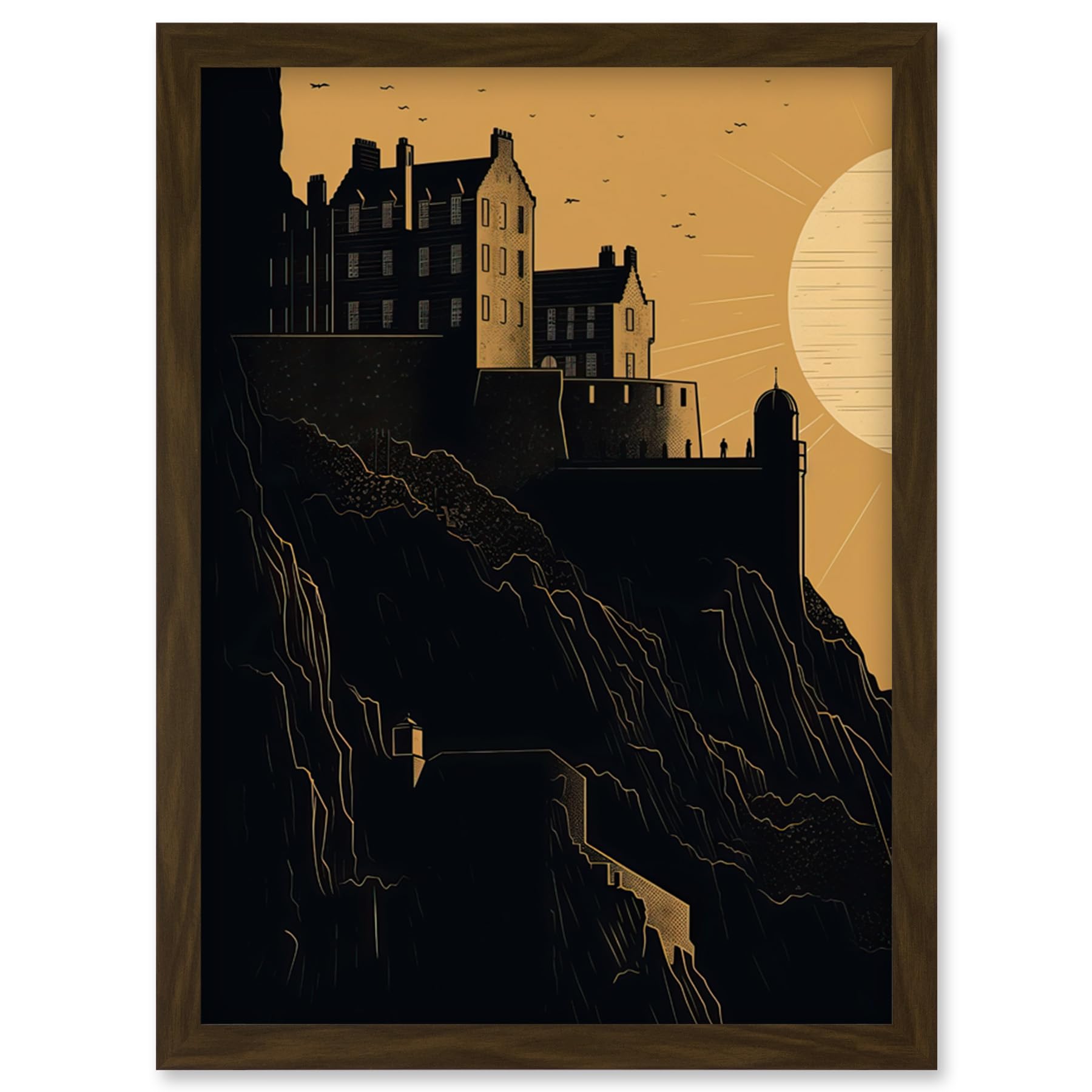 Artery8 Edinburgh Castle at Sunset Linocut Illustration Artwork Framed Wall Art Print A4