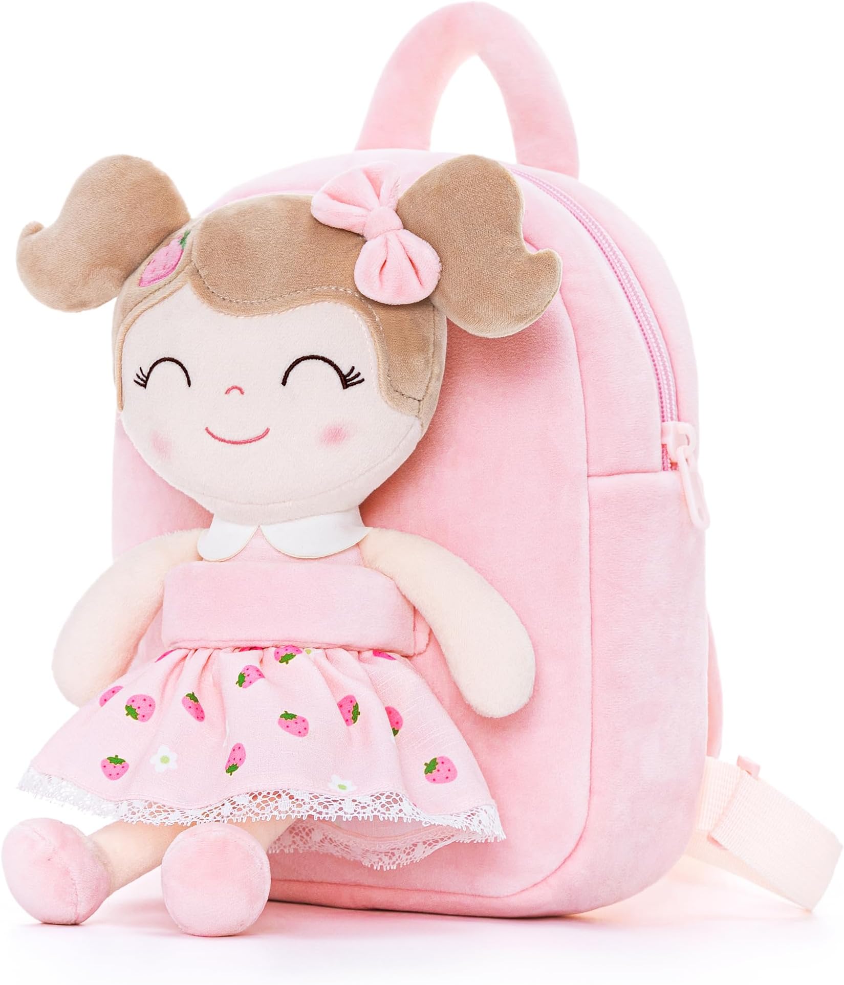 Kids Backpack for Girls backpacks Plush bag with Soft doll for Toddler baby Strawberry 9 Inches