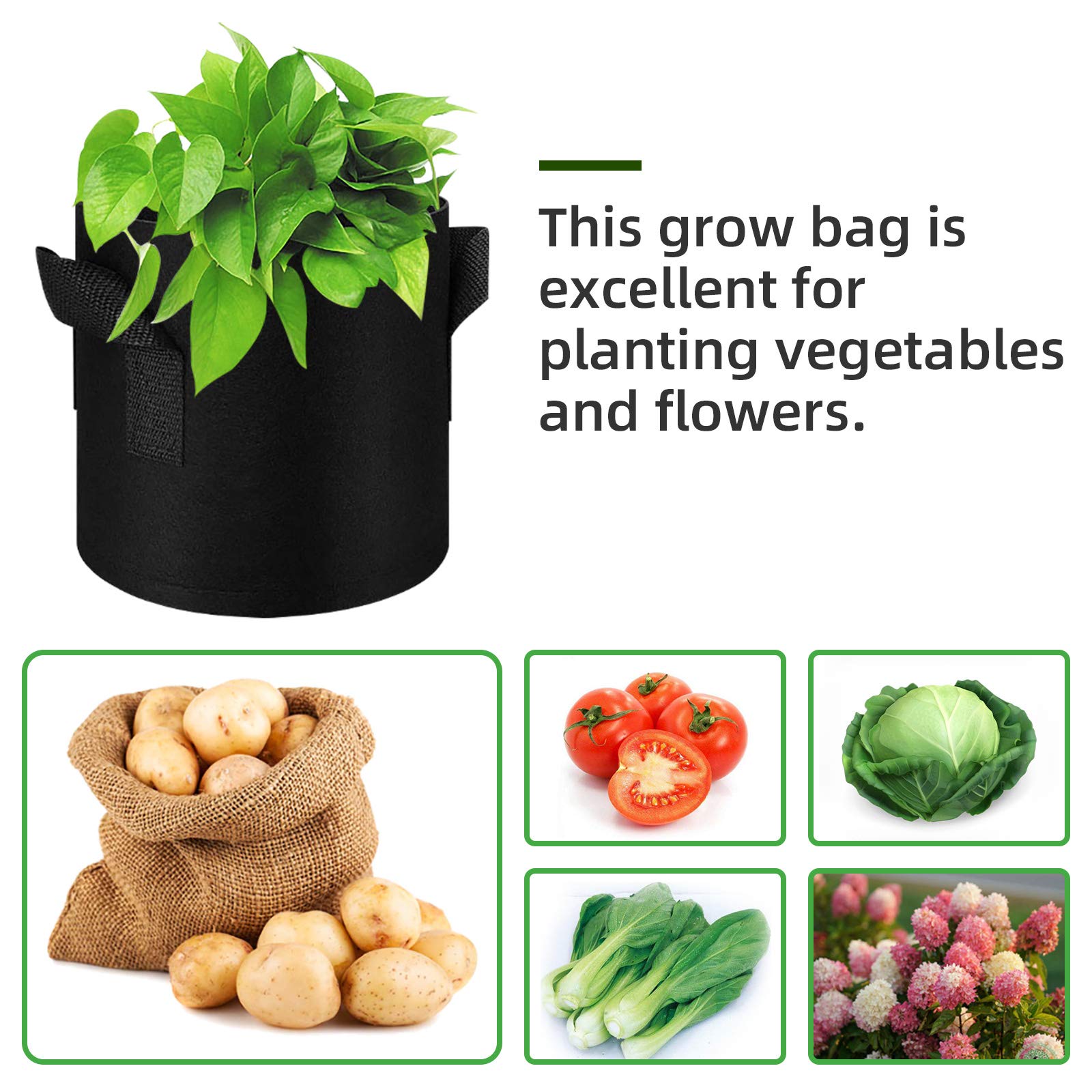 Paquete de 12 bolsas de cultivo de plantas de 15 galones, contenedores de bolsas de vegetales, macetas de tela no tejida gruesa con asas, plantas, frutas al aire libre (negro)