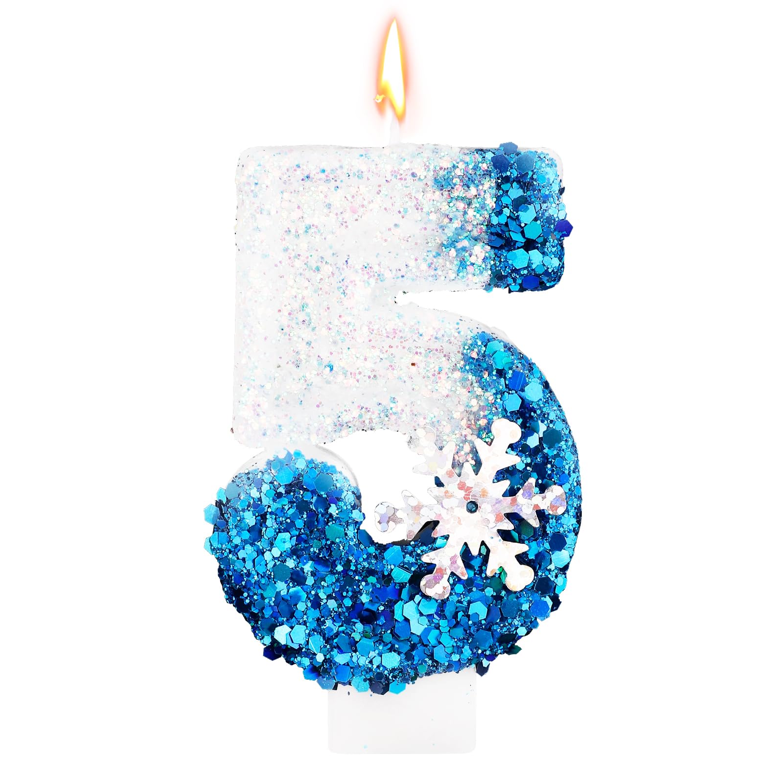 Snowflake Sequin Birthday Number Candles, Snow Themed Birthday Party Cake Topper Decoration Supplies Winter Glitter Blue White Number Birthday Candle (Number 5)
