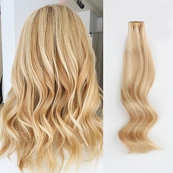 ABH AmazingBeauty Hair Pre-taped Double Sided Tape Hair Extensions Blonde Highlights Remy Human Hair Skin Weft, Invisible, Seamless Dirty Blonde with Platinum Beach-Bleached Blonde P18-613, 16 Inch