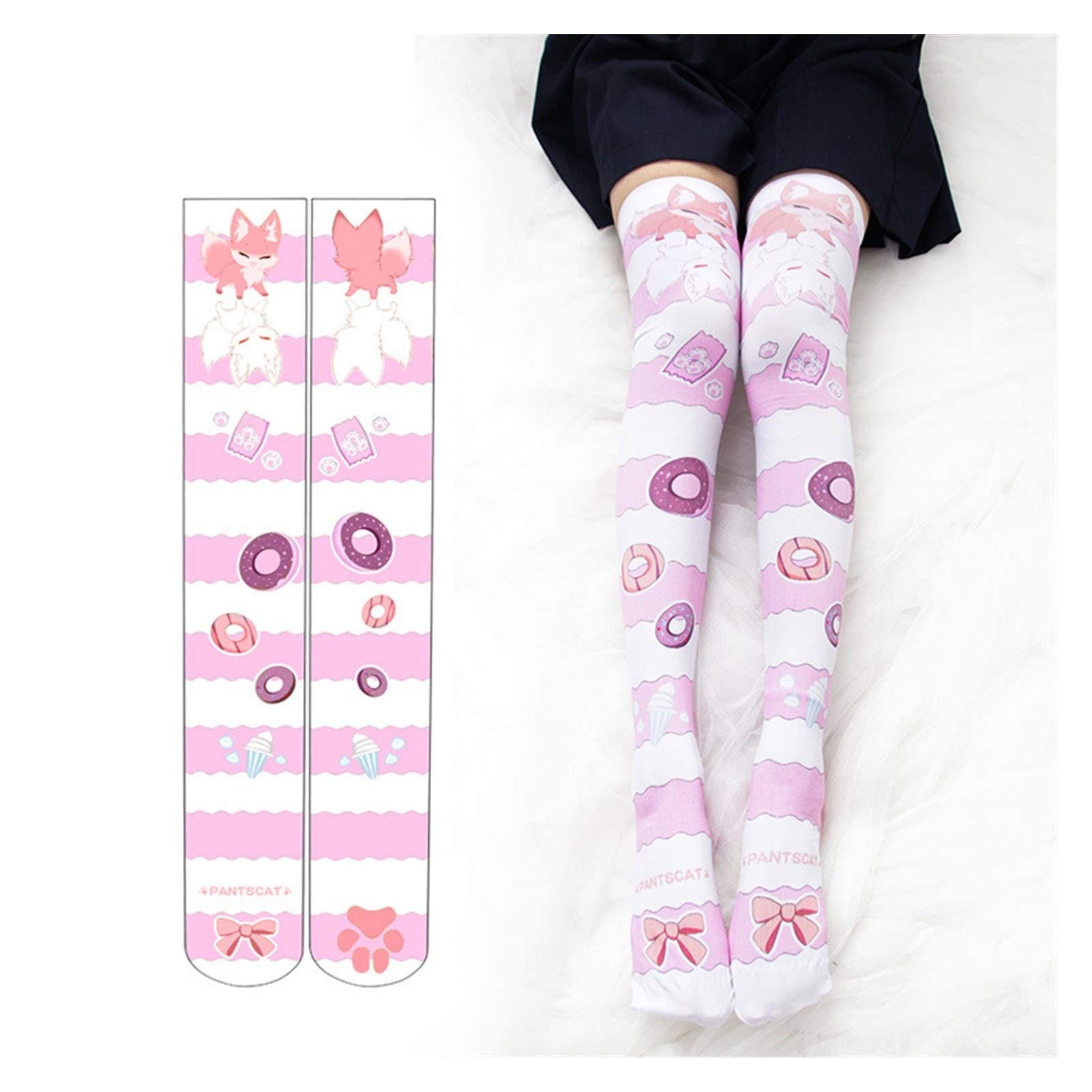 Kleine Donut ursprüngliche rosa Streifen Lolita Bogen Strümpfe blau Druckstrümpfe Warm (Color : Pink)