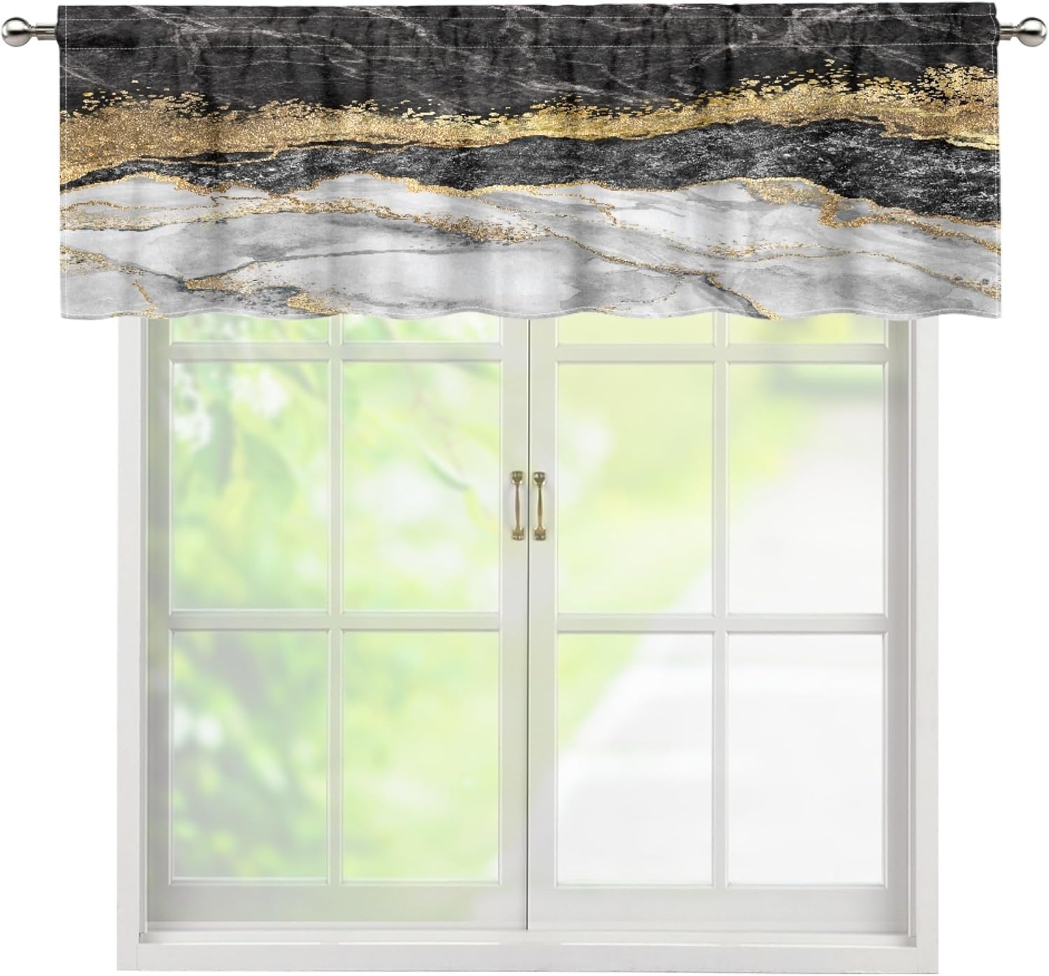 Green Marble Valance Curtains for Living Room Decor, Luxurious Abstract Gold Crystal Crack Art Design Print Window Treatments, Rod Pocket Drapes for Kitchen Bathroom Bedroom, 54x18in 1P+27x36in 2P
