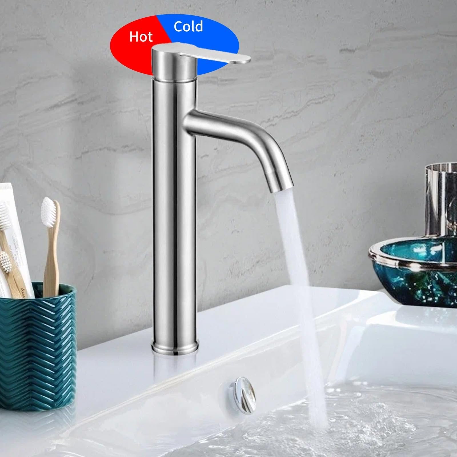 Mitigeur Lavabo Salle de Bain Haut Robinet Salle de Bain Brossé | Robinet Salle Bain avec Bec Hauteur 170mm Robinet de lavabo haut Mitigeur Salle Bain Contrôle de l'eau Chaude et Froide