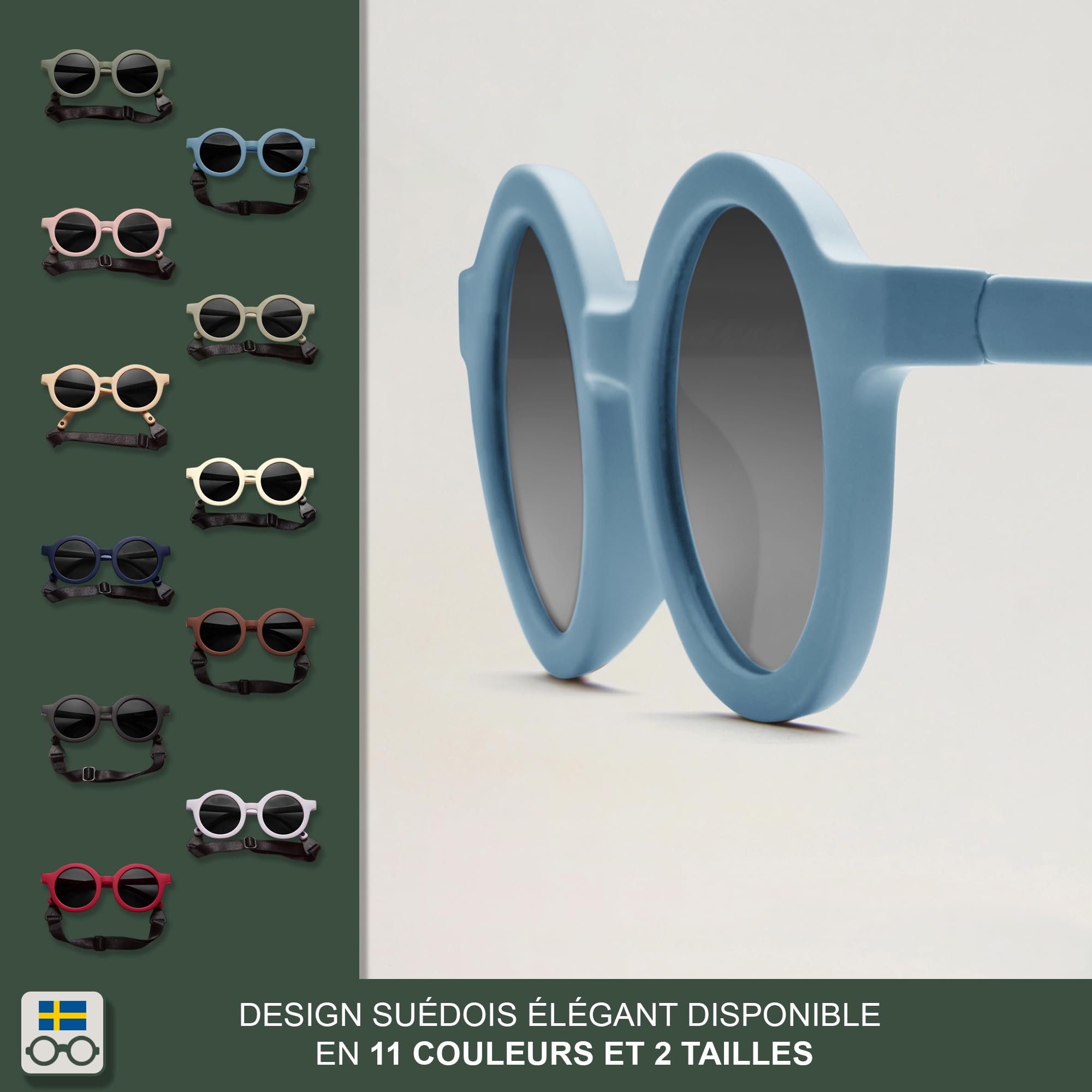 BABYMOCS Lunettes de soleil rondes pour enfants de 1,5 à 8 ans - Protection UV 100 % - Flexibles - Sans BPA - Sans substances nocives - Avec bande - Design suédois