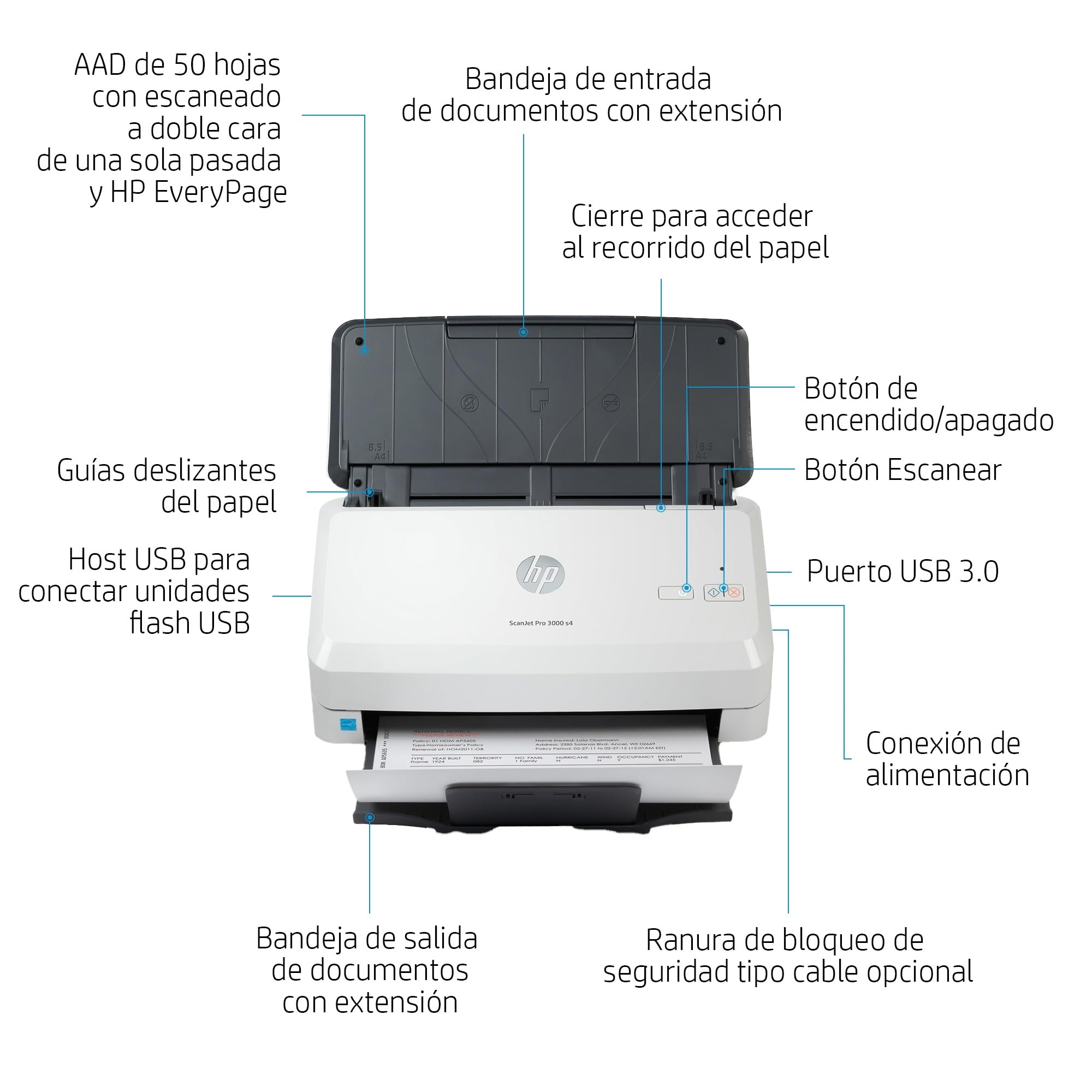 HP ScanJet Pro 3000 s4 - Escáner de Documentos con Alimentador de Hojas, Escaneo Doble Cara Automático, 40 ppm/80 ipm, AAD 50 Hojas,USB 3.0, Compacto, Ciclo Diario 4000 Páginas — view 2