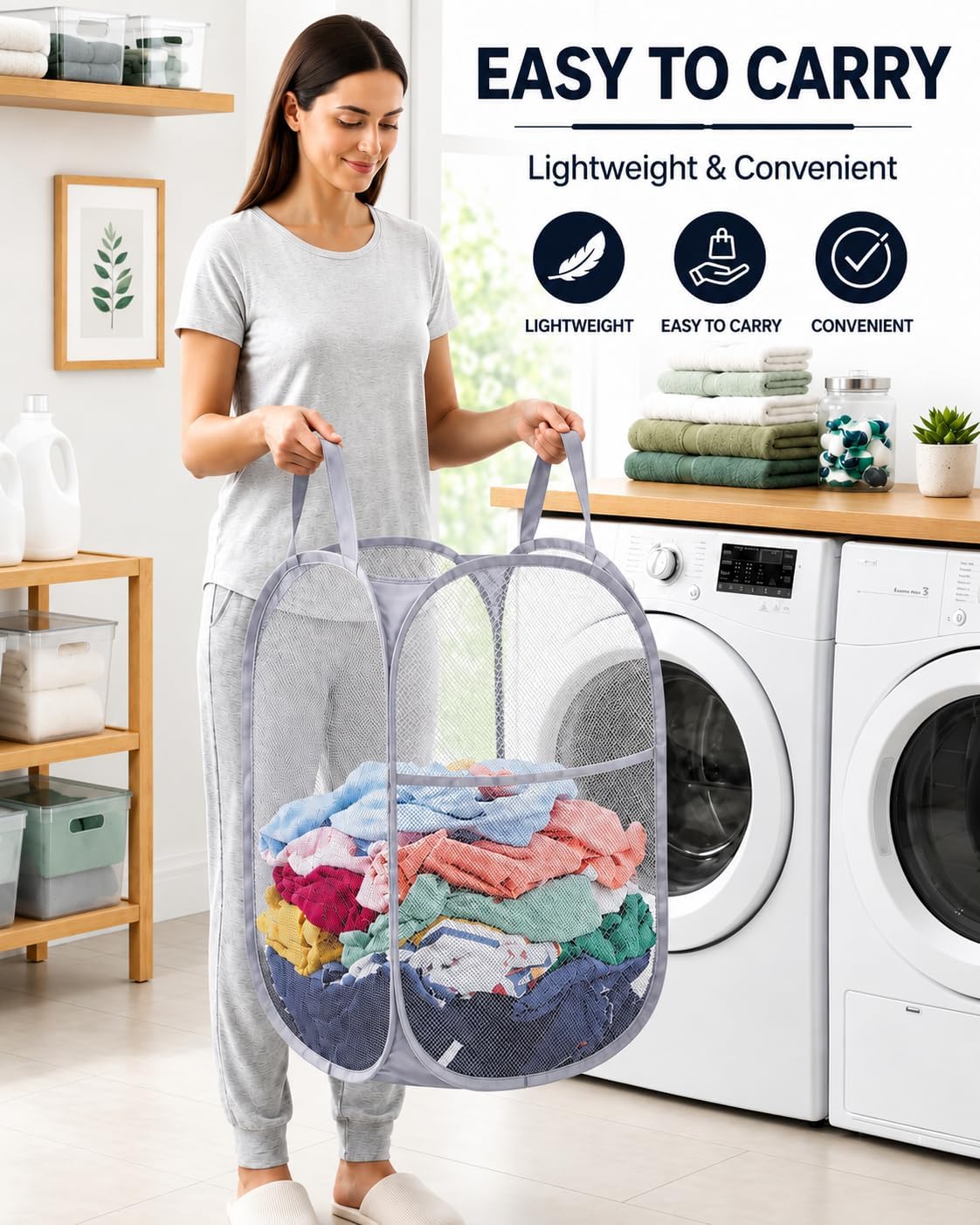 2 Pack Pop Up Laundry Hamper, Mesh Foldable Laundry Basket with Side Pocket & Durable Handles, Collapsible Clothes Hamper for Bathroom, College Dorm, Bedroom & Travel (Taller-Gray)