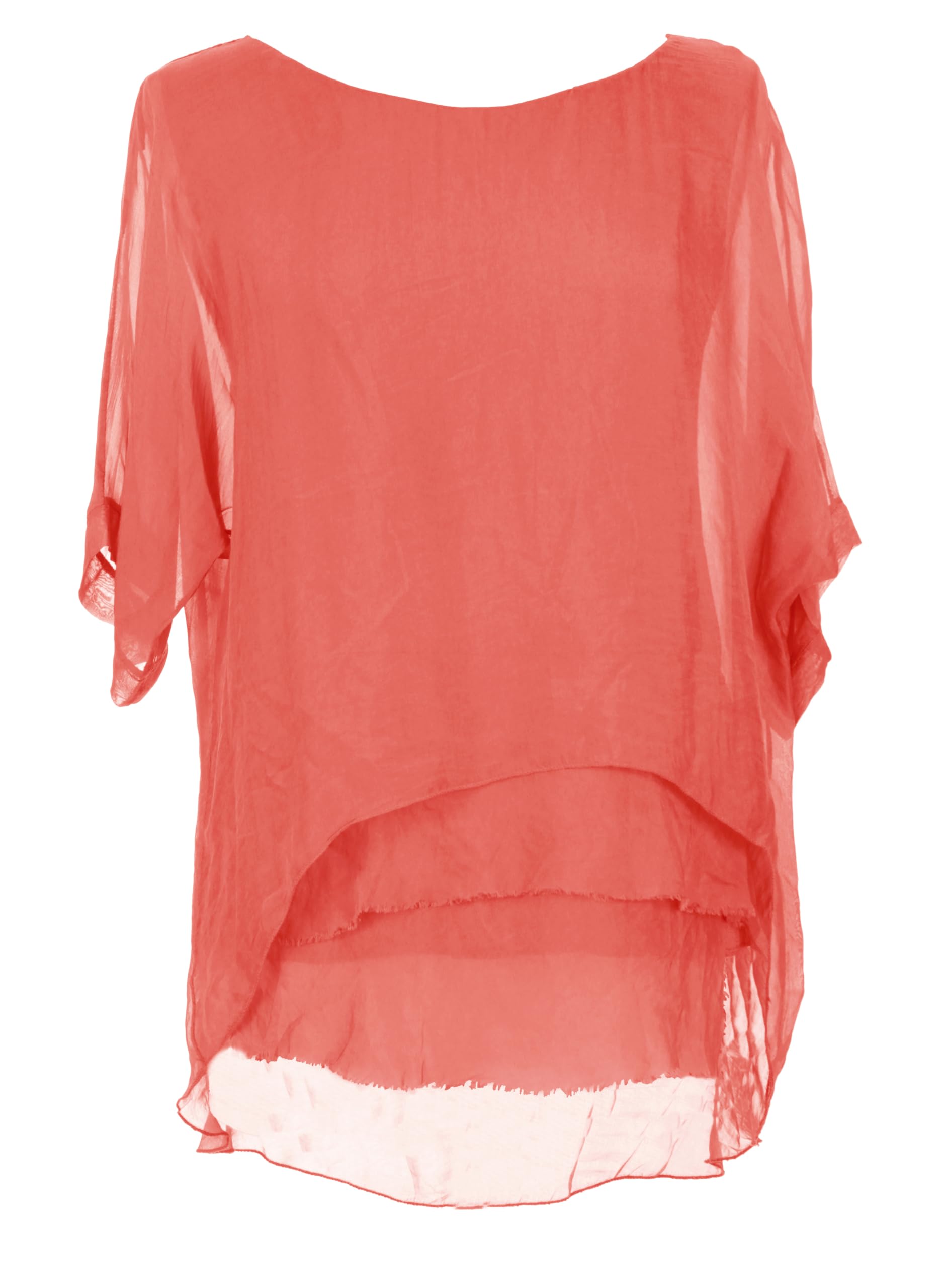 Texture Women's Coral Italian Lagenlook Short Sleeve Frill Frayed Hem Silk Tunic Top Blouse One Size (As8, Alpha, One_size, Regular, Regular, )