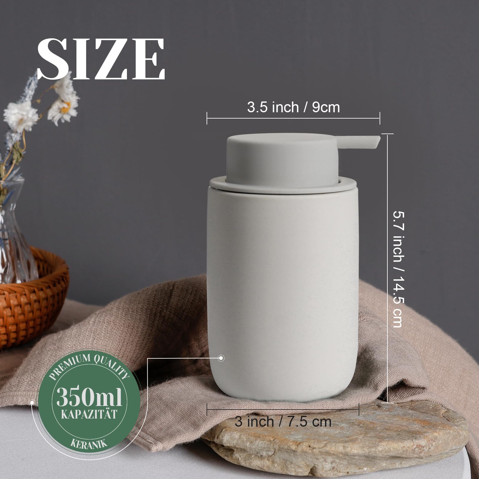 Autumnlife Keramische zeepdispenserset, grijs, 2 stuks afwasmiddeldispenser, 350 ml, zeepdispenser met grote pomp en etiket, navulbaar, geschikt voor keuken, badkamer, werkblad