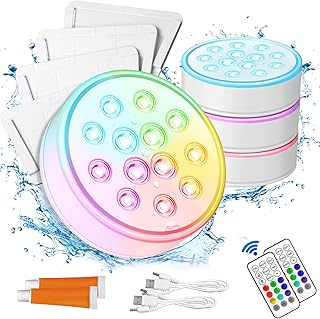 XIILSIE Rechargeable Submersible LED Pool Lights with Remote, Full Waterproof 16 Color Changing Pool Lights Built-in 2600mAh Battery USB Charging Underwater Lights for Ponds Decoration 4 Pack