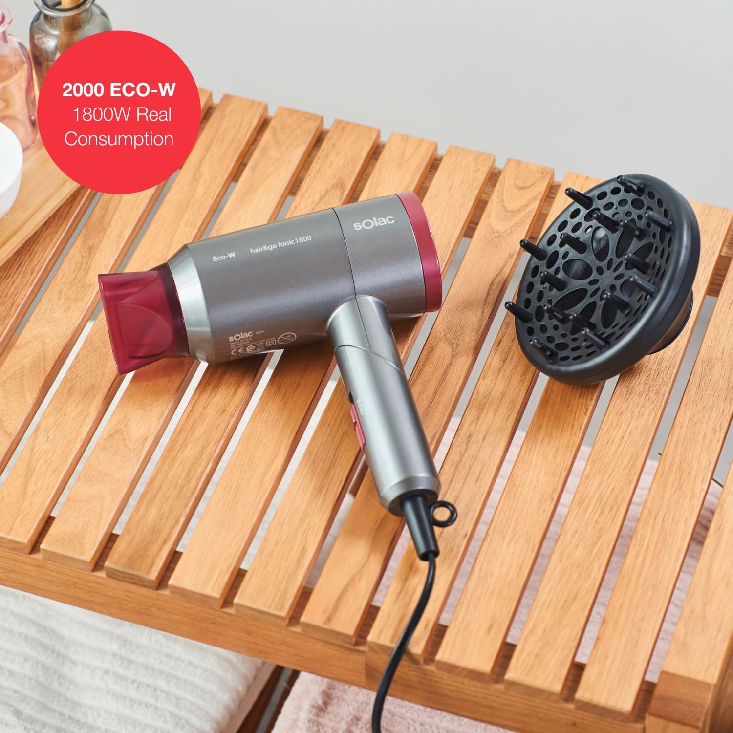Solac Hair & Go Ionic 180, suszarka składana i ultralekka, Moc suszenia 2000W zużywająca 1800W, suszarka jonowa, 2 prędkości i 2 temperatury, kolor szary