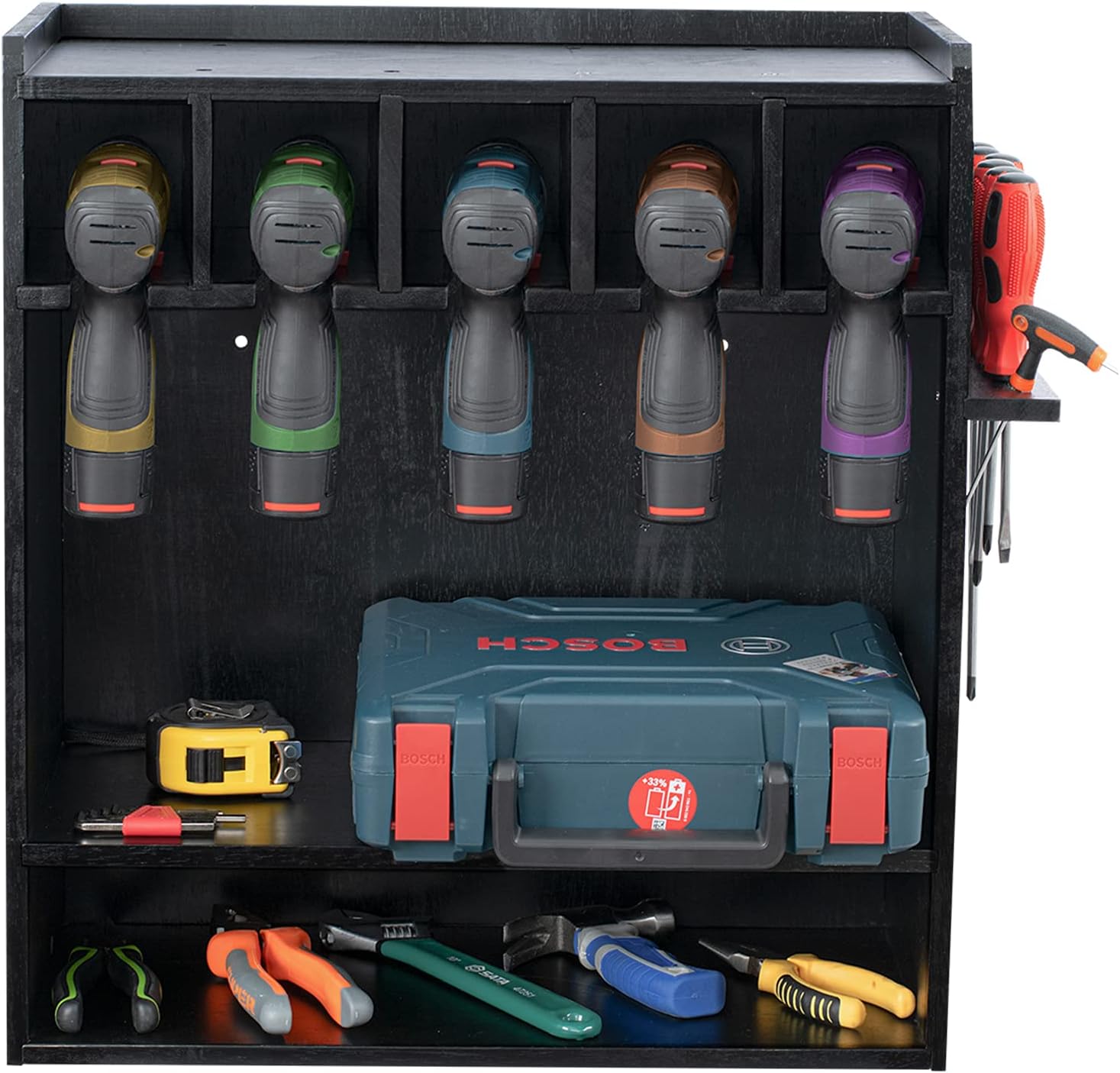 T-SIGN Large Power Tool Storage Organizer, Drill Charging Station, Wood Hanging Drill Storage Rack with 5 Drill Holder, Wall Mount Screwdriver Rack Organization for Workshop, Workbench, Black : Tools & Home Improvement